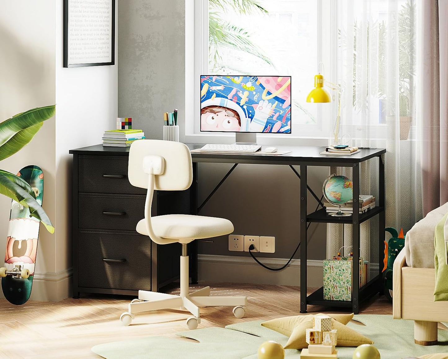 AODK 51 Inch Computer Desk with Fabric Drawers & USB Power Outlets, Reversible Home Office Desk with Storage Shelves, Work from Home, Modern Work/Writing/Study Table for Bedroom, Black