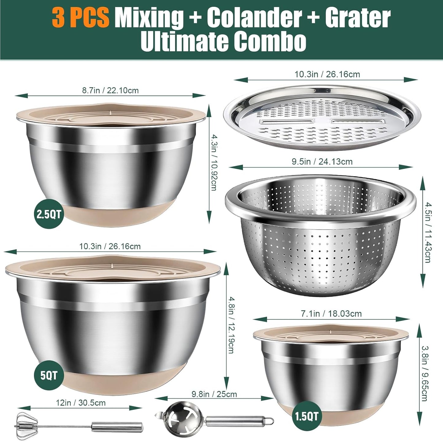 Stainless Steel Mixing Bowls Set with Lids & Silicone Base - 7-Piece Kitchen Gadgets Includes Colander, Grater, Egg Separator, Whisk - Nesting Bowls (1.5, 2, 2.5, 4.5 QT), Dishwasher Safe, Khaki