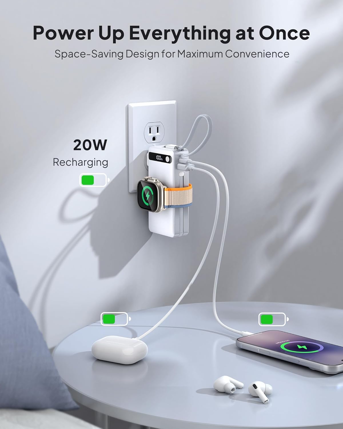 Portable Charger with Built-in Cables & Wall Plug, 50% Smaller 10000mAh Power Bank, 22.5W USB C Fast Charging, Travel Essentials Battery Pack for iPhone 17/16/15/14, Apple Watch Ultra/11/10/9/8/SE