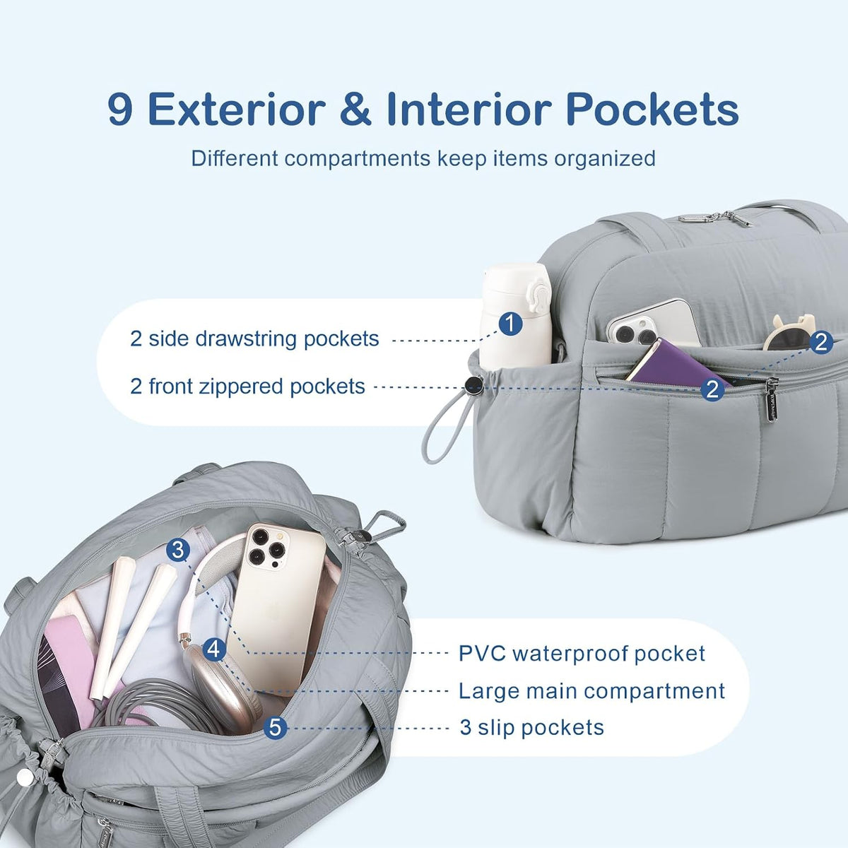 TOPDesign Travel Duffel Bag, Puffy Carry On Overnight, Gym Bag w/Wet Pocket