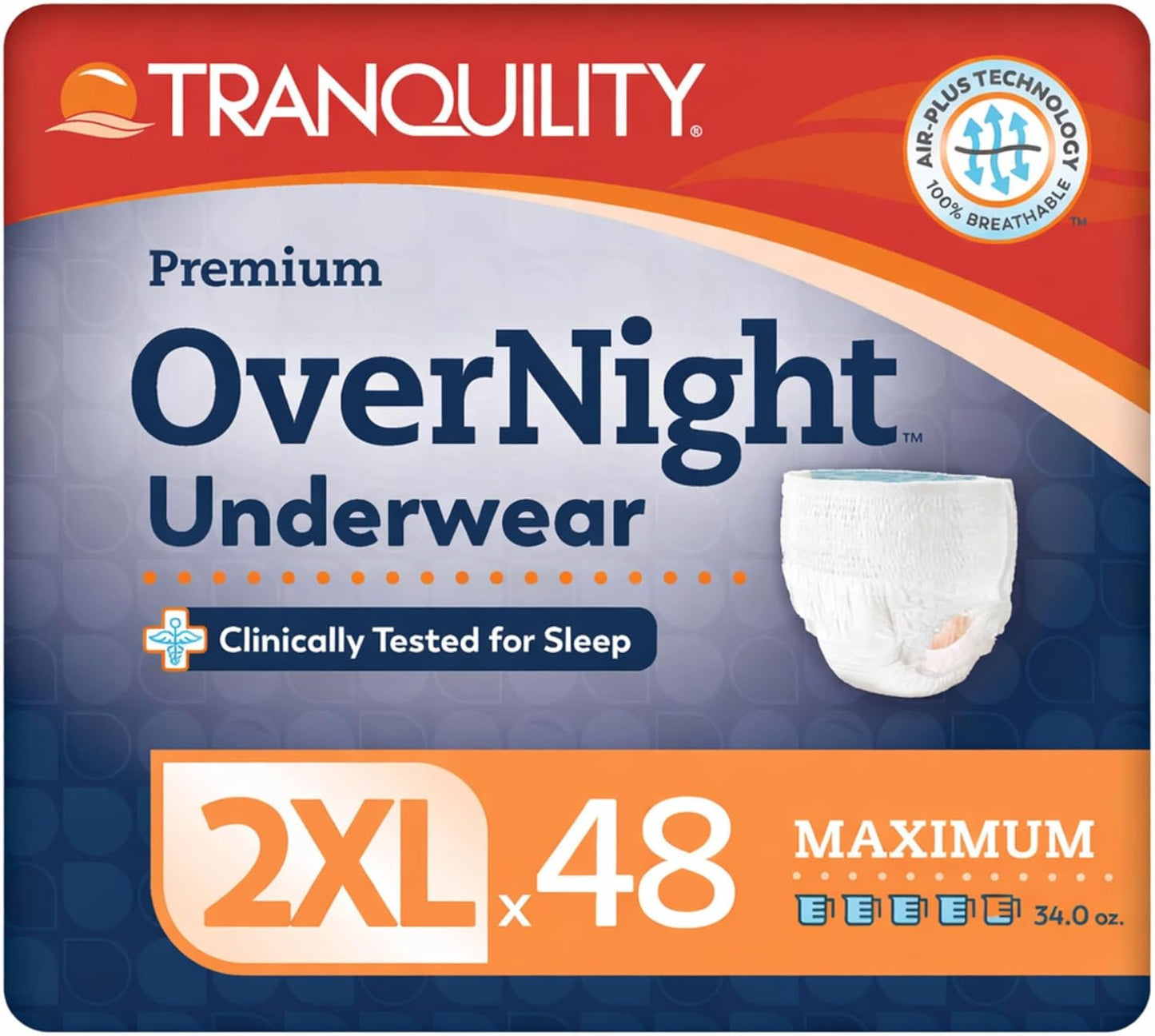 Tranquility Premium OverNight Disposable Absorbent Underwear (48 Count) - 2XL, 62-80 in. Waist - Maximum Absorbency, All-Night Sleep, Breathable Comfort, 48 Adult Diapers