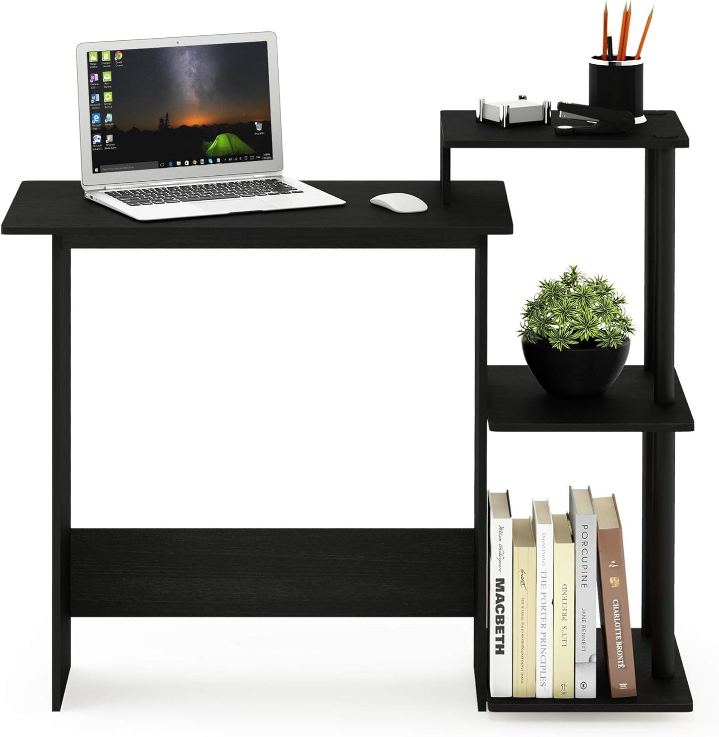 Furinno EFFICIENT Desk, 28.6" Wide Gaming Desk with 3 Open Side Shelves, Laptop Notebook Computer Desk, Office Desk for Home Office, Study Room, Dorm, Bedroom, Americano