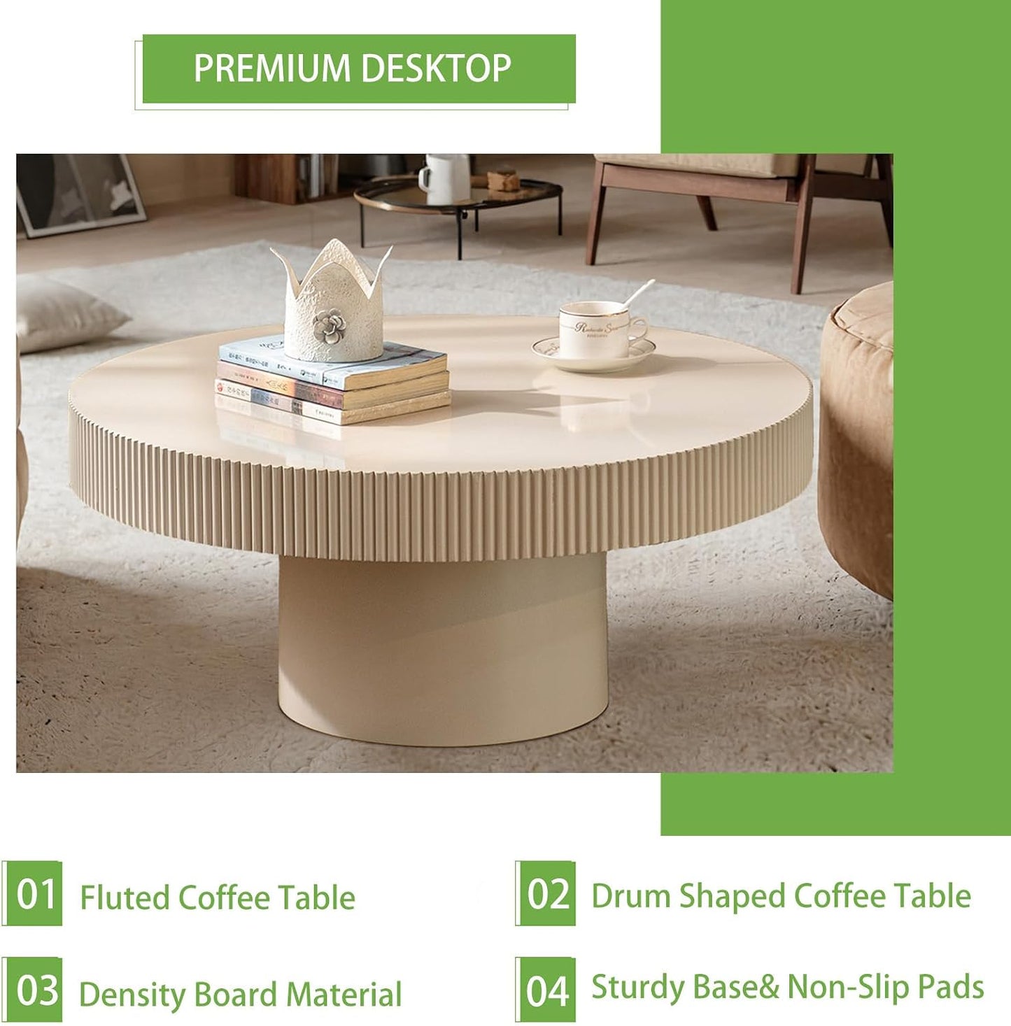 Handmade Wooden Drum Coffee Table (A White 30.7in) | Elegant Round Fluted Wood Coffee Tables, Rustic Modern Circular Centerpiece for Living Room & Farmhouse Decor