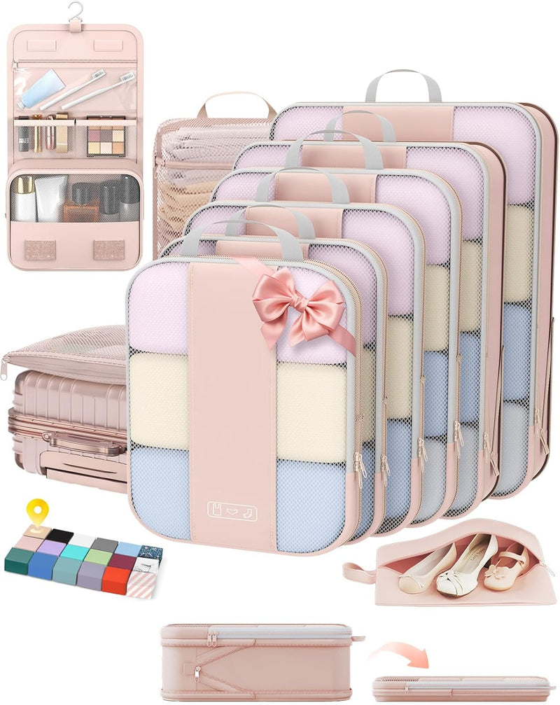 10 Set Compression Packing Cubes for Travel Gifts Mom Women,OlarHike Luggage Clothes Garment Bags for Travelers,Airplane/Cruise/Car Travel Essentials,Compressible Expandable Saver Space Bags(Beige)