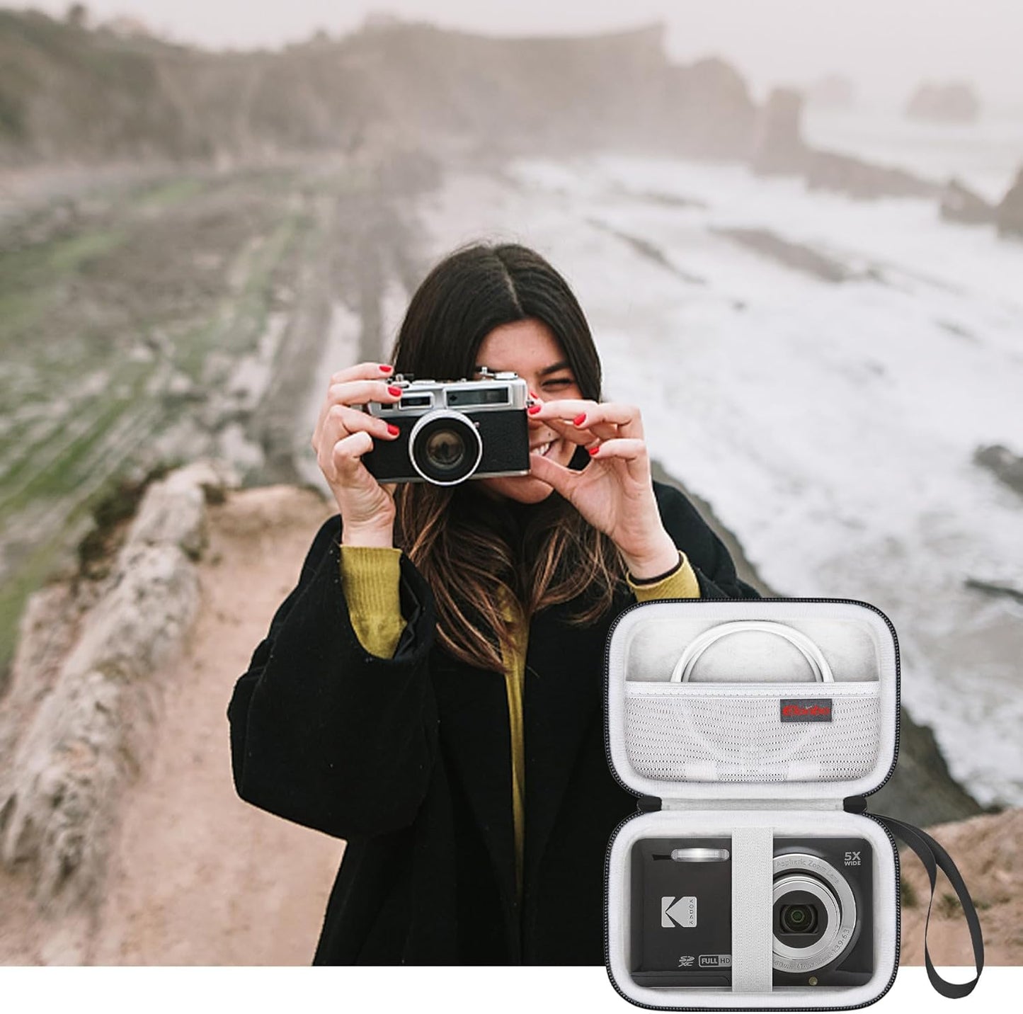 Elonbo Camera Carrying Case for KODAK PIXPRO FZ55 / FZ53 / FZ45 / FZ43 16MP Digital Camera, Vlogging Camera Storage Holder TTravel Bag, Mesh Bag Fits Batteries, Cable, Memory Card, Card Reader,Black