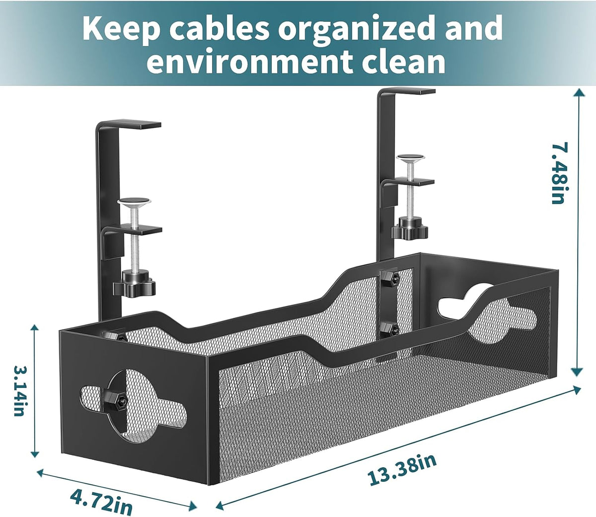Litwaro Under Desk Cable Management Tray 2 Pack, No Drill, Organizer with Clamp Easy to Install for Standing Cord Organizer, Wire Damage Desk, Black, 13.38''-2 pack