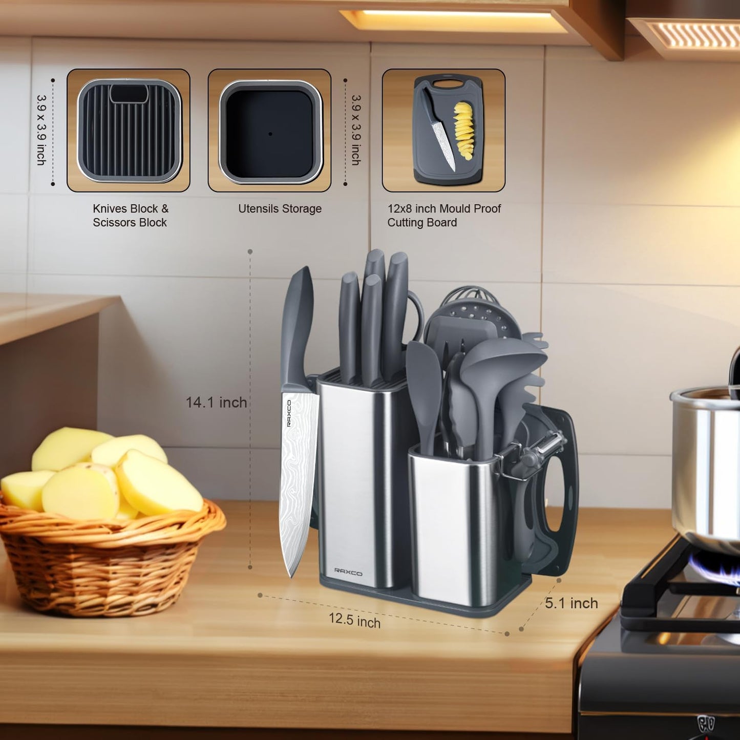 RAXCO Kitchen Set,7-Piece Cooking Utensils,5-Piece Kitchen Gadgets,6-Piece Knife set,Gray