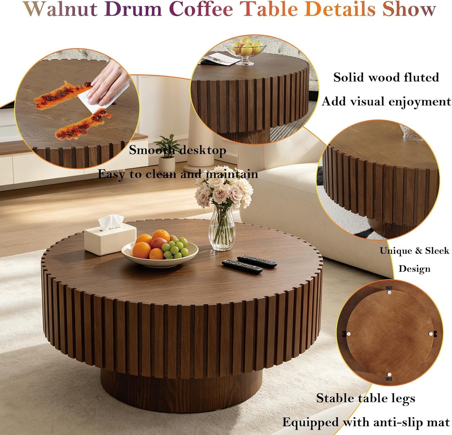 Unique Fluted Coffee Table with Sturdy Pedestal (F Round Brown 31.5in) | Modern Handcraft Drum Side End Table Easy Assembly for Living Room Apartment