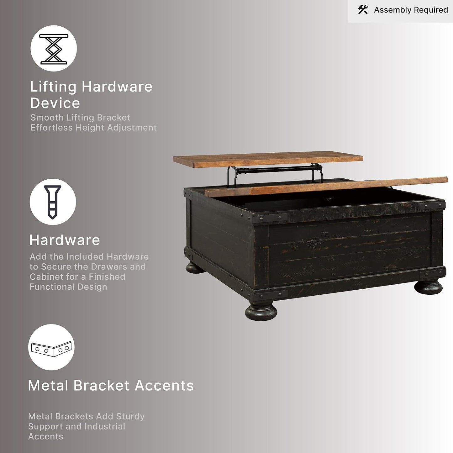 Signature Design by Ashley Lift Top Coffee Table with Storage, Farmhouse | Pine veneers, wood & engineered wood, Split-top spring lift, Hidden trunk storage, 36-in square footprint, Valebeck Series