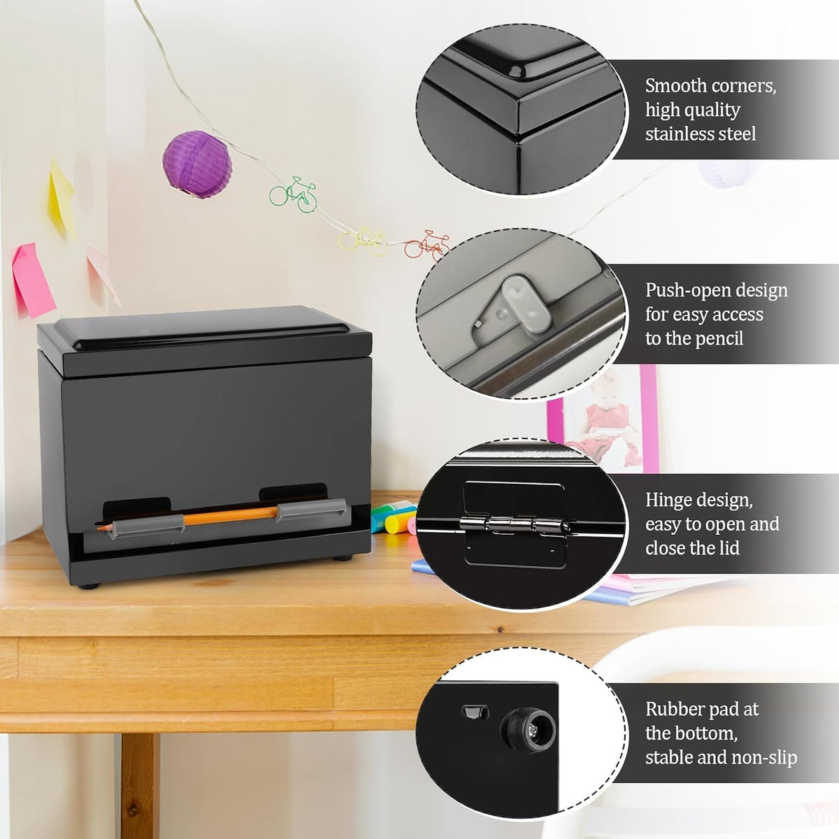 Pencil Dispenser for Classroom, Stainless Steel Pen Holder, Black