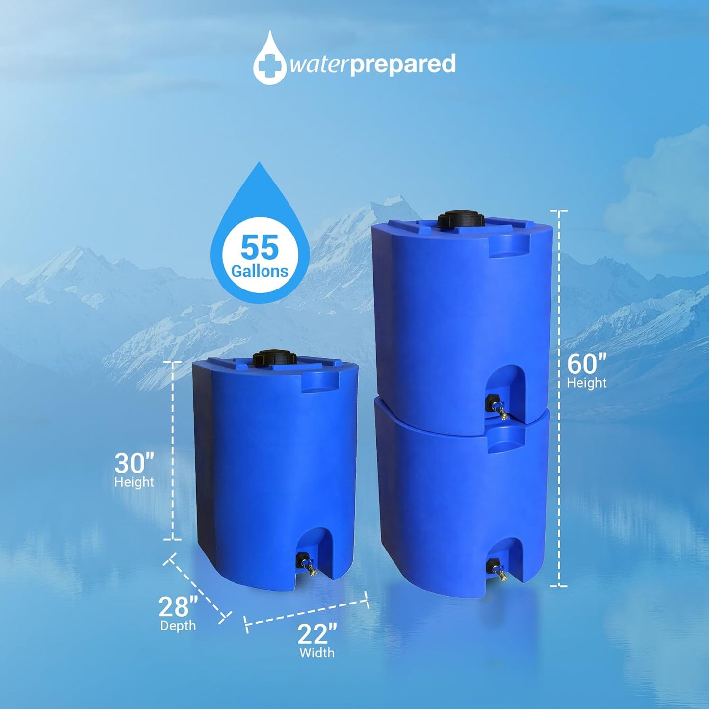 WaterPrepared Stackable Plastic Drinking Water Storage Tank with Spigots, 55 Gallon, Blue - Portable Emergency Hydration Container for Survival or Disaster Preparedness