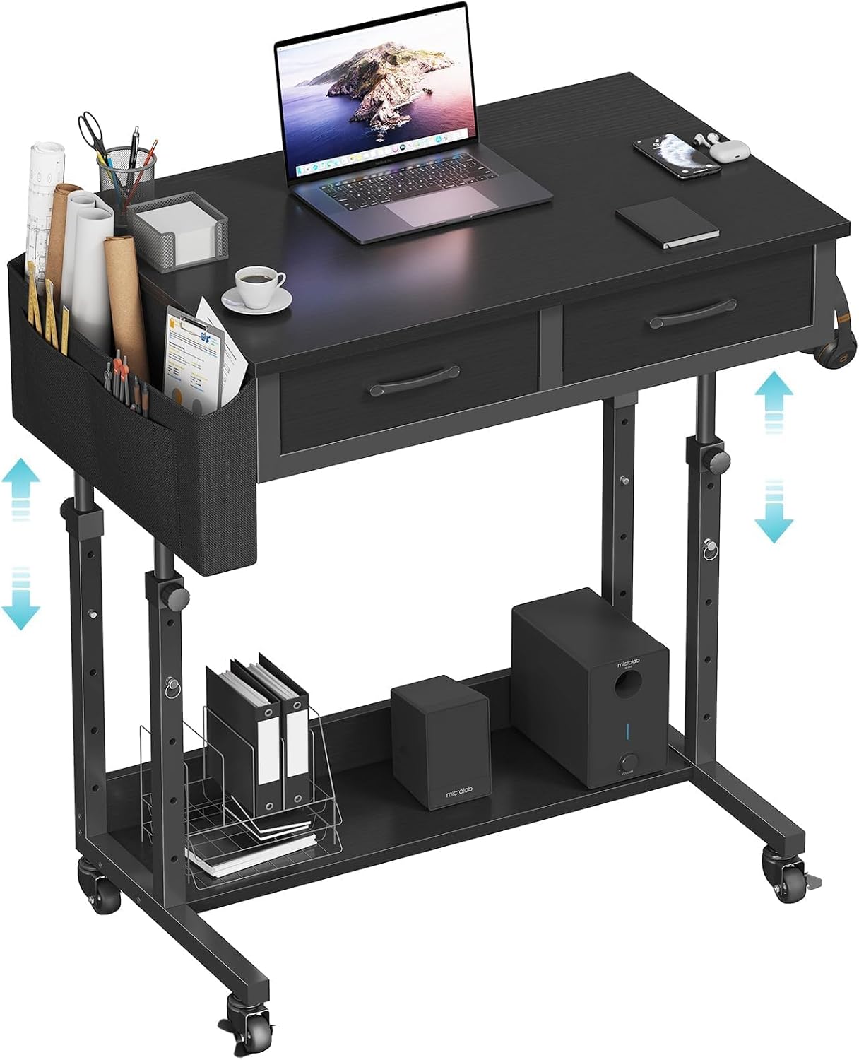 Small Portable Rolling Standing Desk - 32 Inch Adjustable Mobile Stand Up Gaming Desks with 2 Fabric Drawers on Wheels, Couch Sofa Side Laptop Table with Storage for Home Office, Black