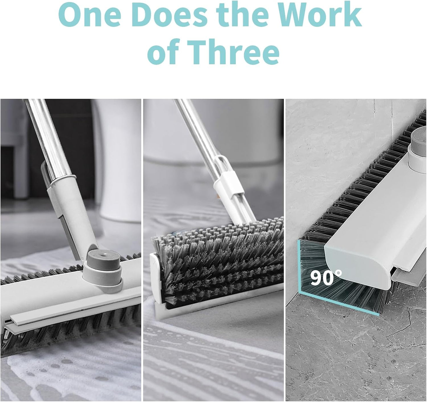 Floor Scrub Brush with Long Handle, 3 in 1 Scrape and Heavy-Duty Stiff Bristle Scrubber Brush Broom for Cleaning Shower Bathroom, Patio, Pool, Garage, Kitchen, Wall and Deck (White, 1 Pack)