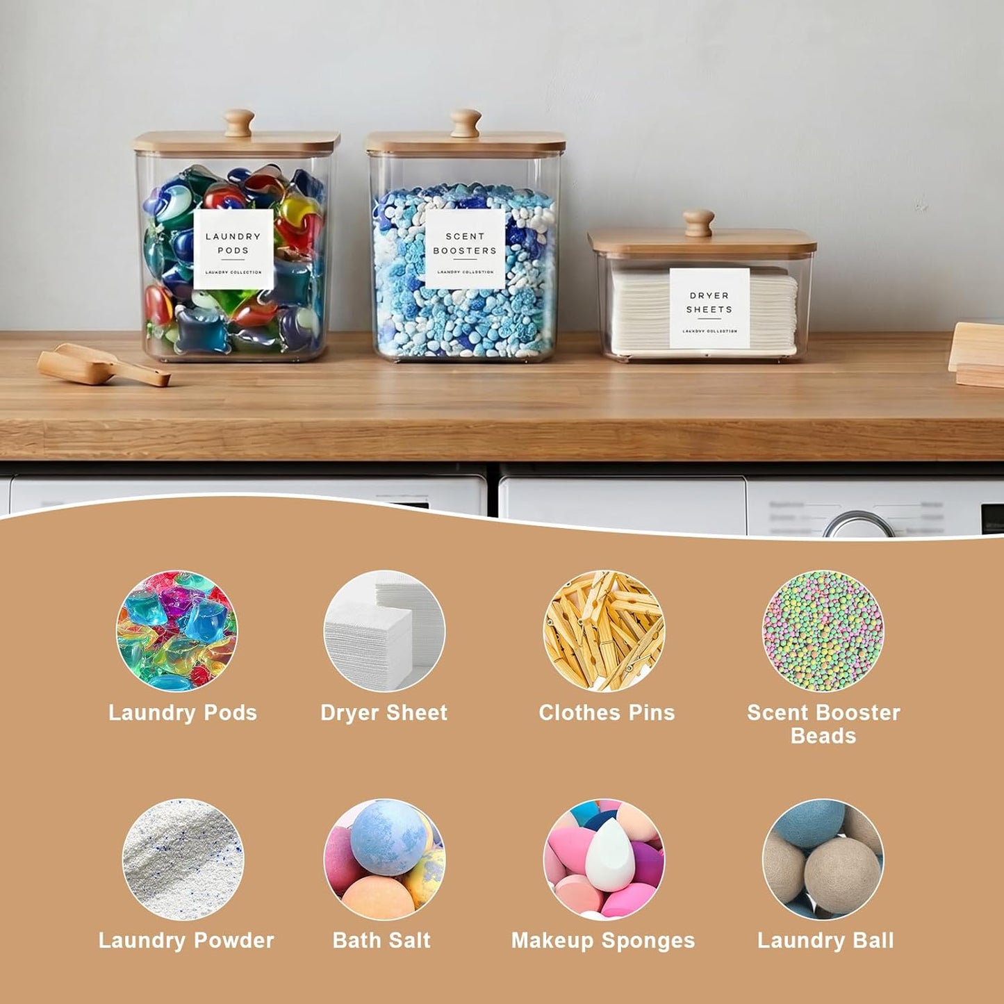 POLRAI 3 Pack Laundry Pod Containers and Dryer Sheet Holder, Laundry Room Organization Storage Containers with Lids and Labels for Detergent Pods Dry Sheet Organizing