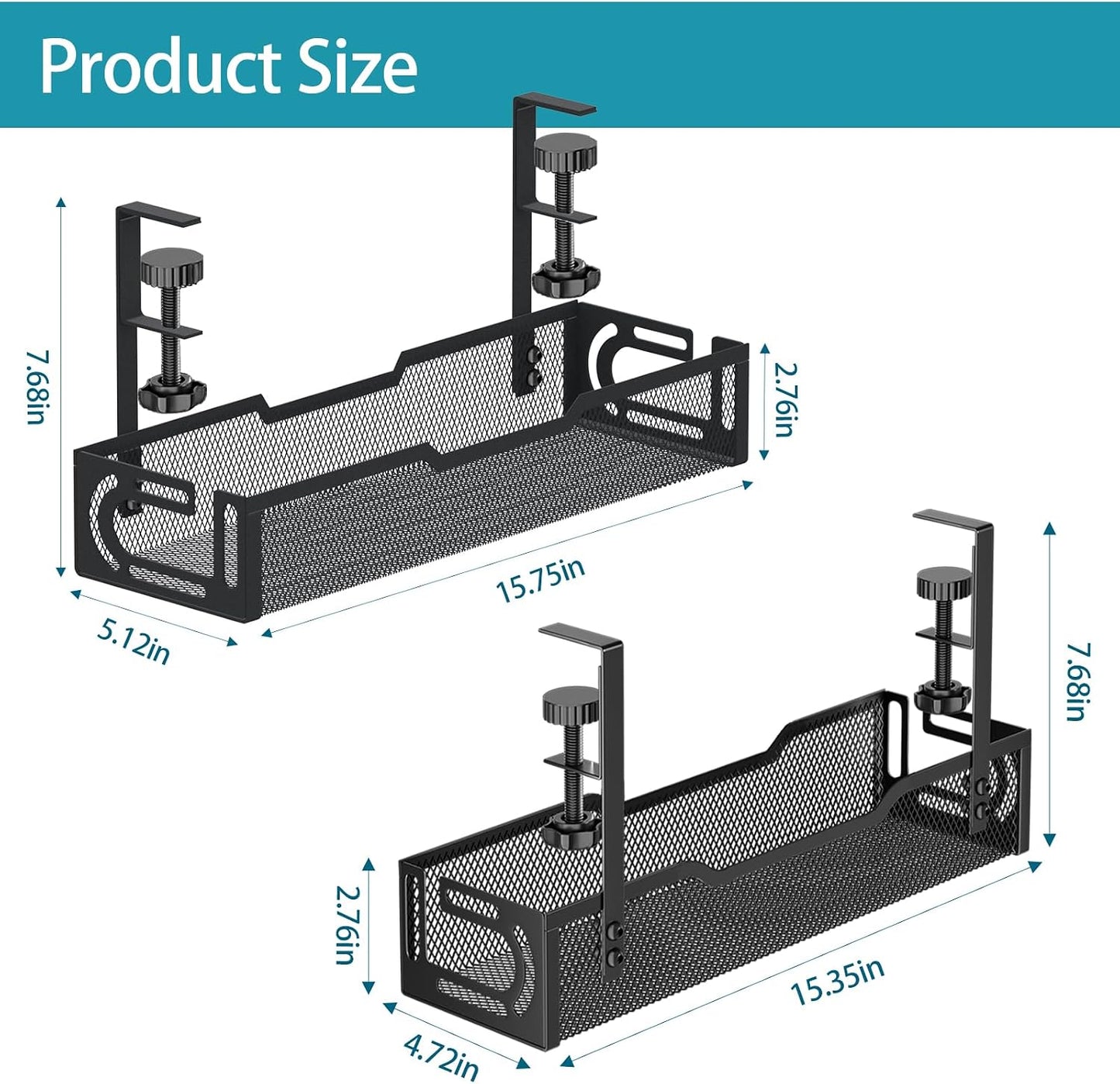 2Pack Under Desk Cable Management Tray, No Drill Mesh Desk Cable Tray | Wire Management Tray Cable Management Rack, Cord Organizer and Cable Management Box (Black)