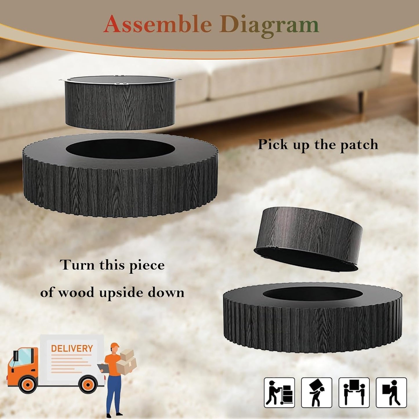Black Circular Fluted Coffee Table (Round Black 31.5in) | Mid Century Circle Center Tables for Living Room | Chic Round Drum End Table for Small Space | Easy Assembly