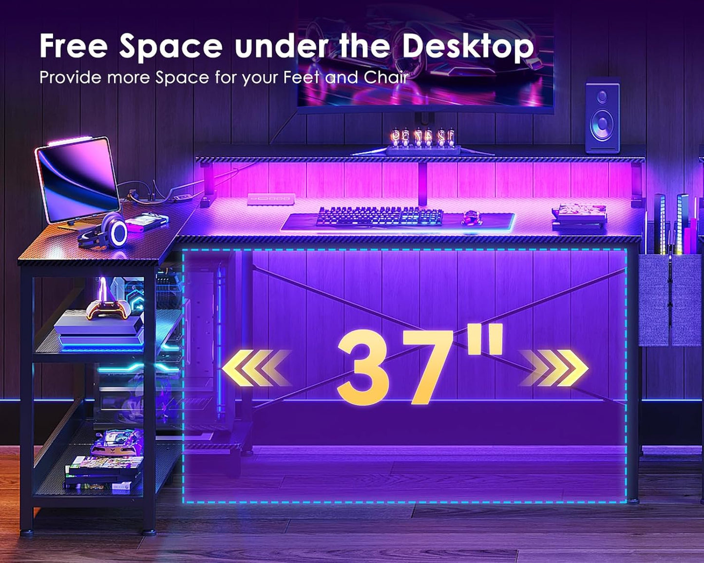 ODK 48 Inch Gaming Desk with USB Charging Ports and LED Lights, Reversible L Shaped Computer Desk with Storage Shelves & Monitor Stand, Corner Gamer Desk Table with Power Outlets, Black