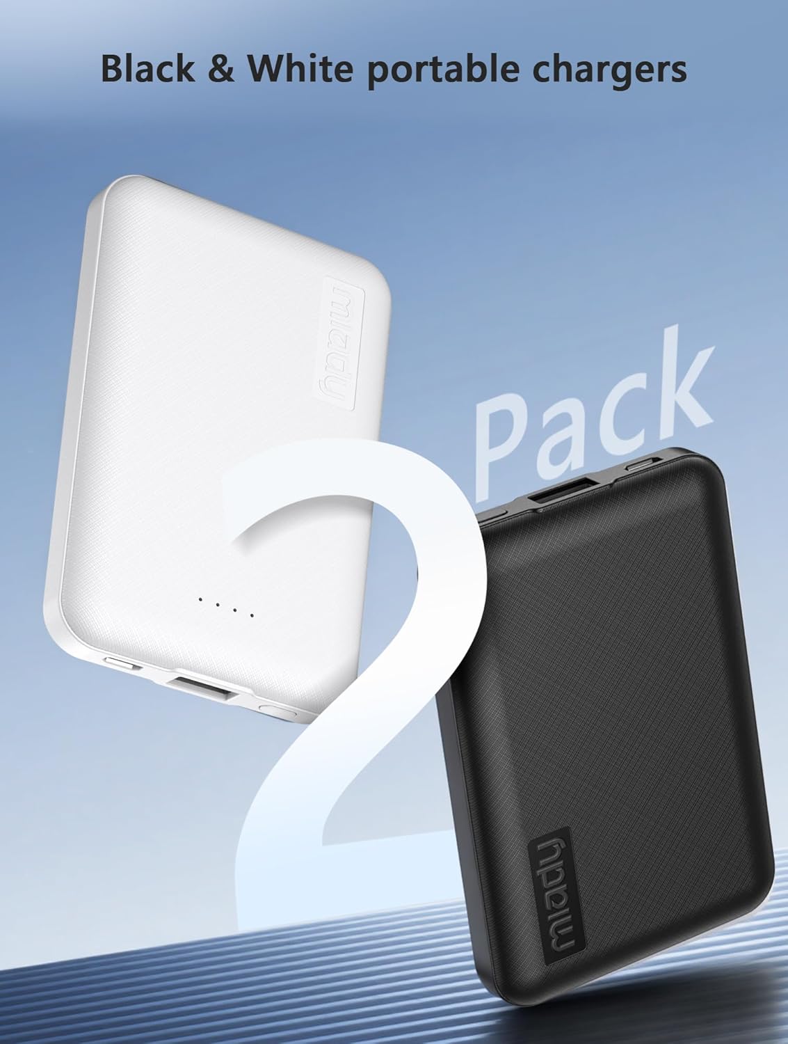 Miady 2-Pack 5000mAh Mini Portable Charger, 5V 2.4A USB-C Output Fast Charging Power Bank for Travel Small Battery Pack Compatible with iPhone 17/16/15 Galaxy S24/S22 iPad Android etc (White+Black)
