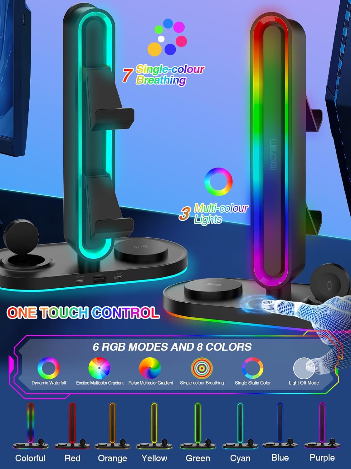RGB Headset Stand with Wireless Charger, 8-in-1 Charging Station for iPhone, Samsung, Apple Watch Type-C/USB Ports, Gaming Headphone & Controllers Holder, Organizer for Desk Includes 20W PD Adapter