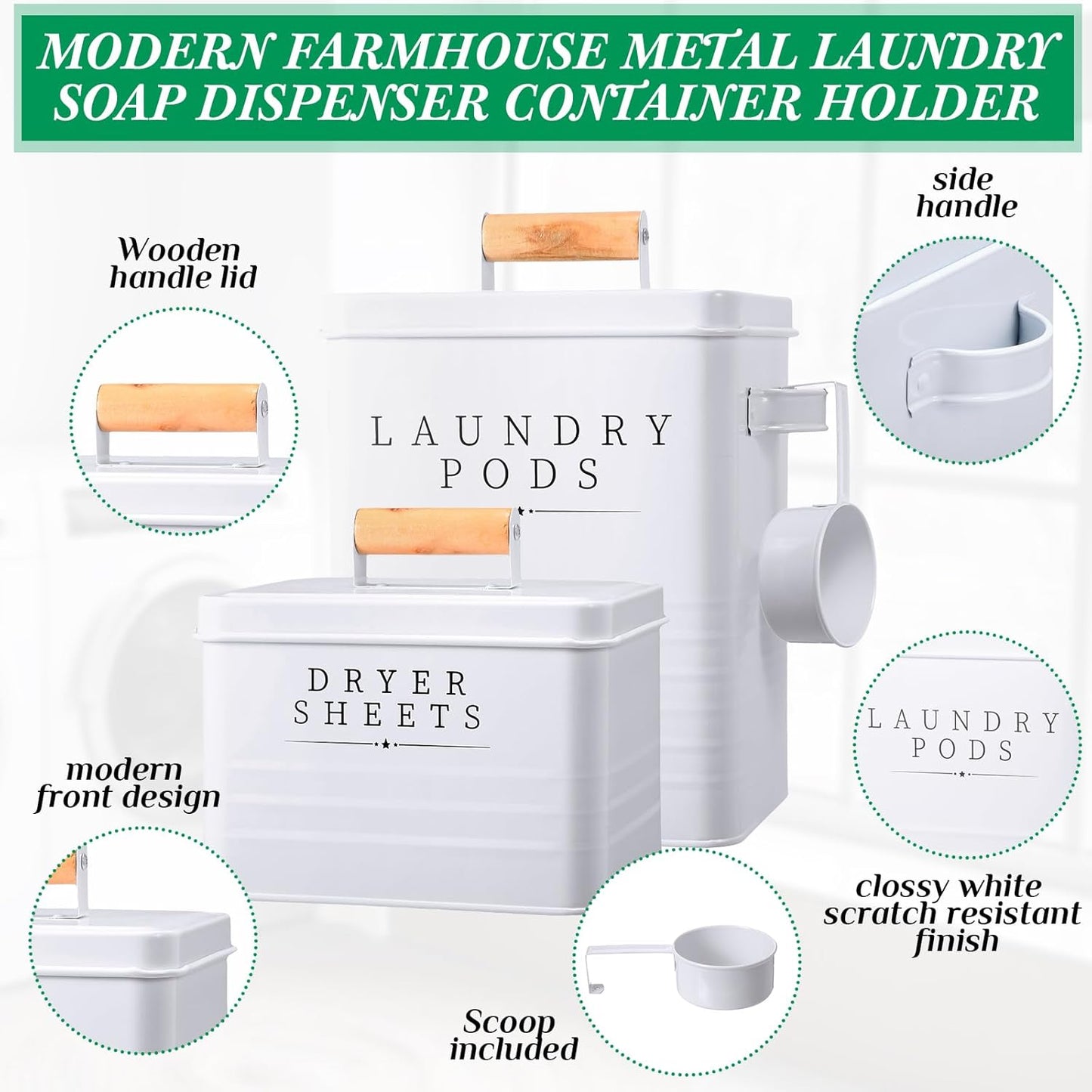 Yaocom 2 Pcs Laundry Pod Container with Dryer Sheet Holder Farmhouse Laundry Room Decor Organization and Storage Detergent Container Box with Lid Handle Metal Dryer Sheet Dispenser(White)