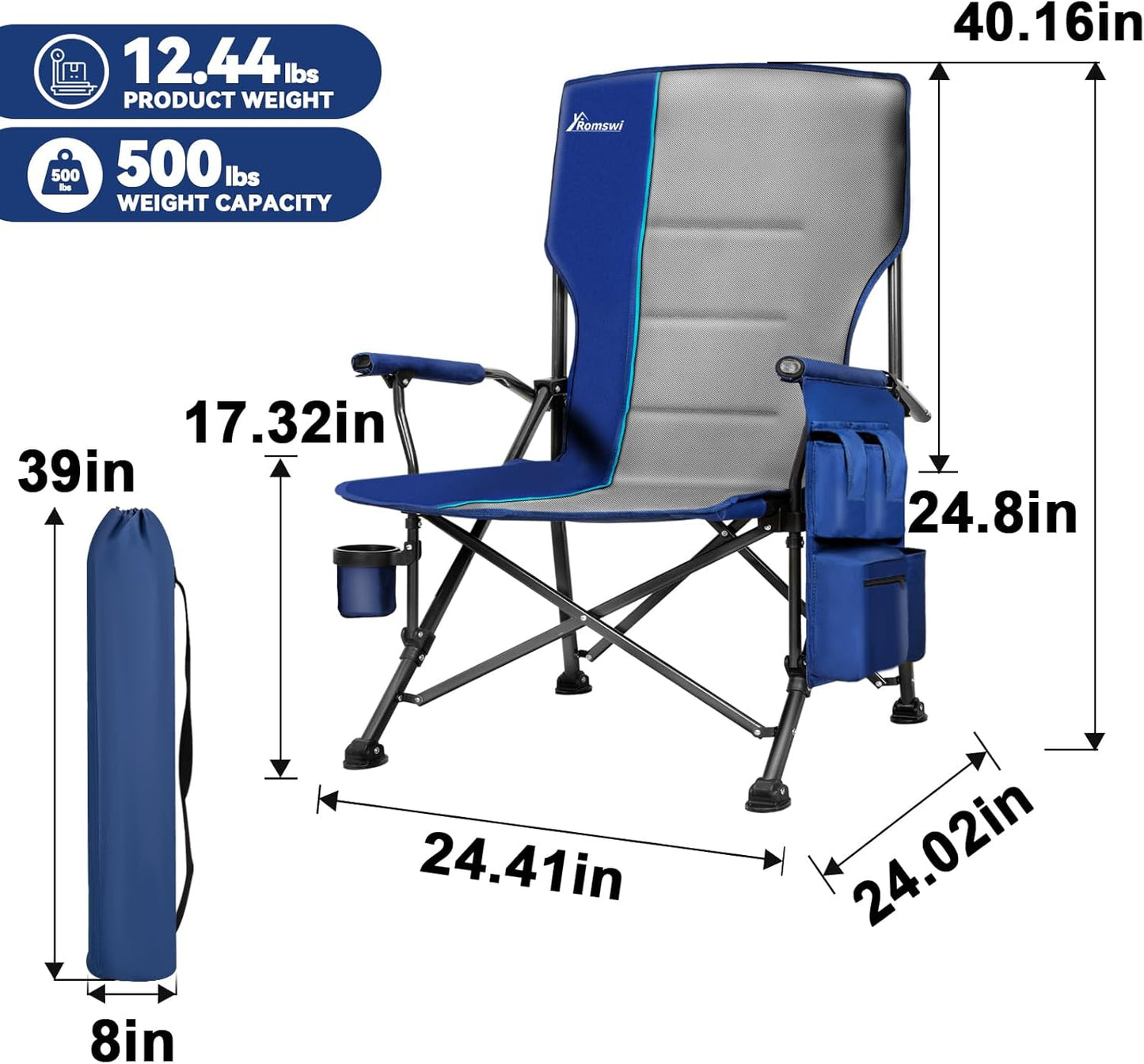 Romswi Oversized Camping Chairs 2 Pack, 500 LBS Heavy Duty Folding Lawn Chairs with Hard Armrests, Wide Seat Outdoor Chairs with Cup Holder & Side Pocket for Camping Beach Sports Backyard