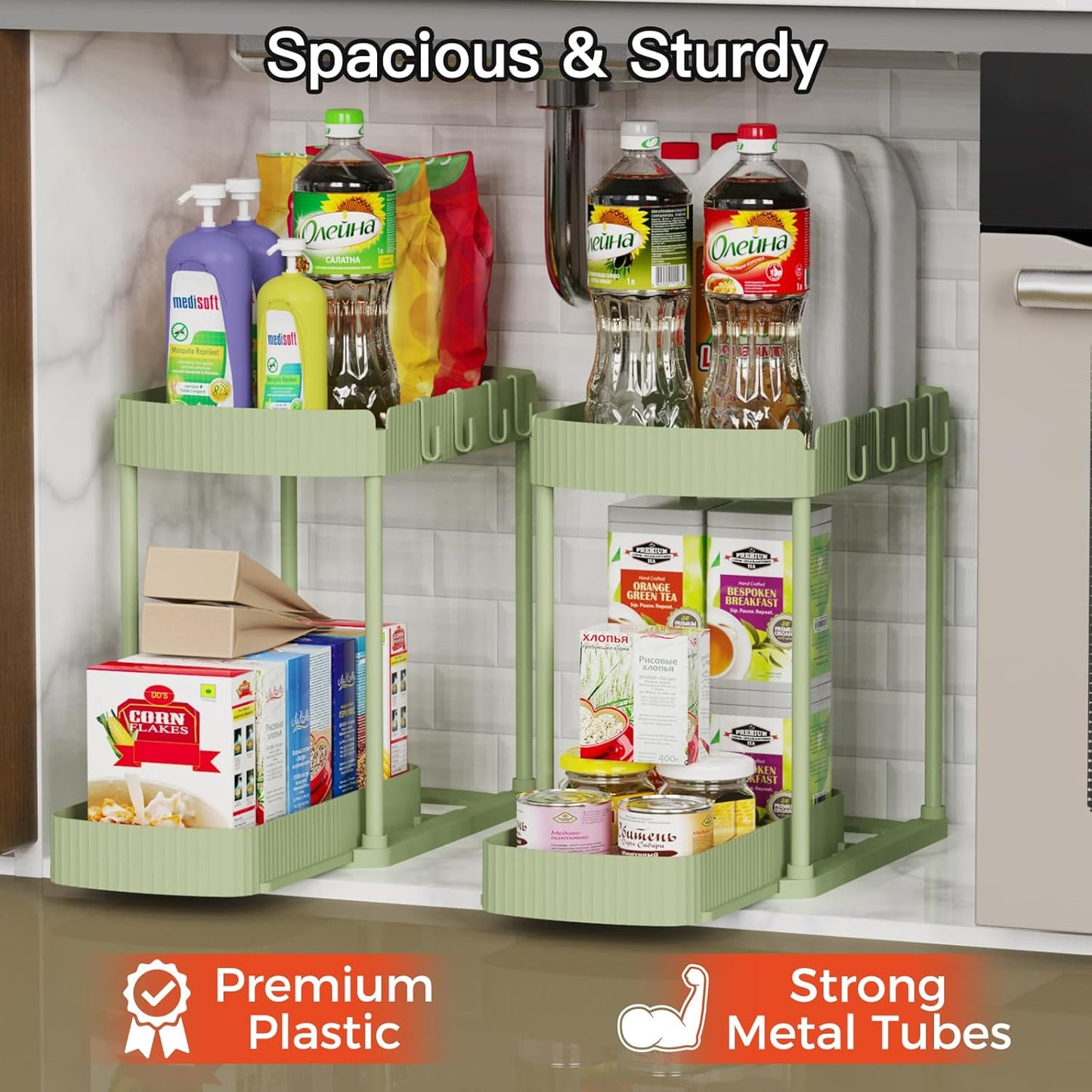 Ukeetap 2 Pack Multi-Purpose Pull-Out Storage Organizers, Under Sink Organizers and Storage for Bathroom & Kitchen, Under Cabinet Organizers and storage, 12.8 Inch, Green