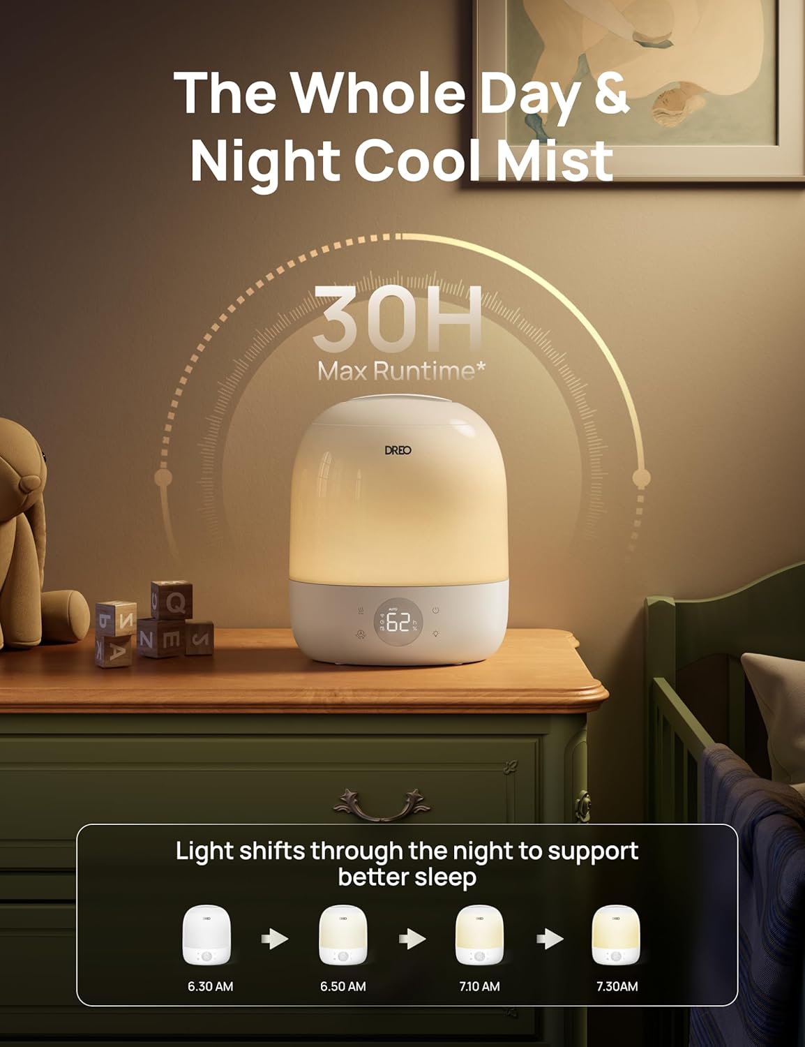 DREO Humidifiers for Bedroom - 30H Max Runtime & RGB Night Light & Sleep Trainer, Ultra Quiet 28dB Cool Mist Humidifier, Top Fill Smart Air Humidifier for Plants, Perfect for Baby & Nursery, HM409S