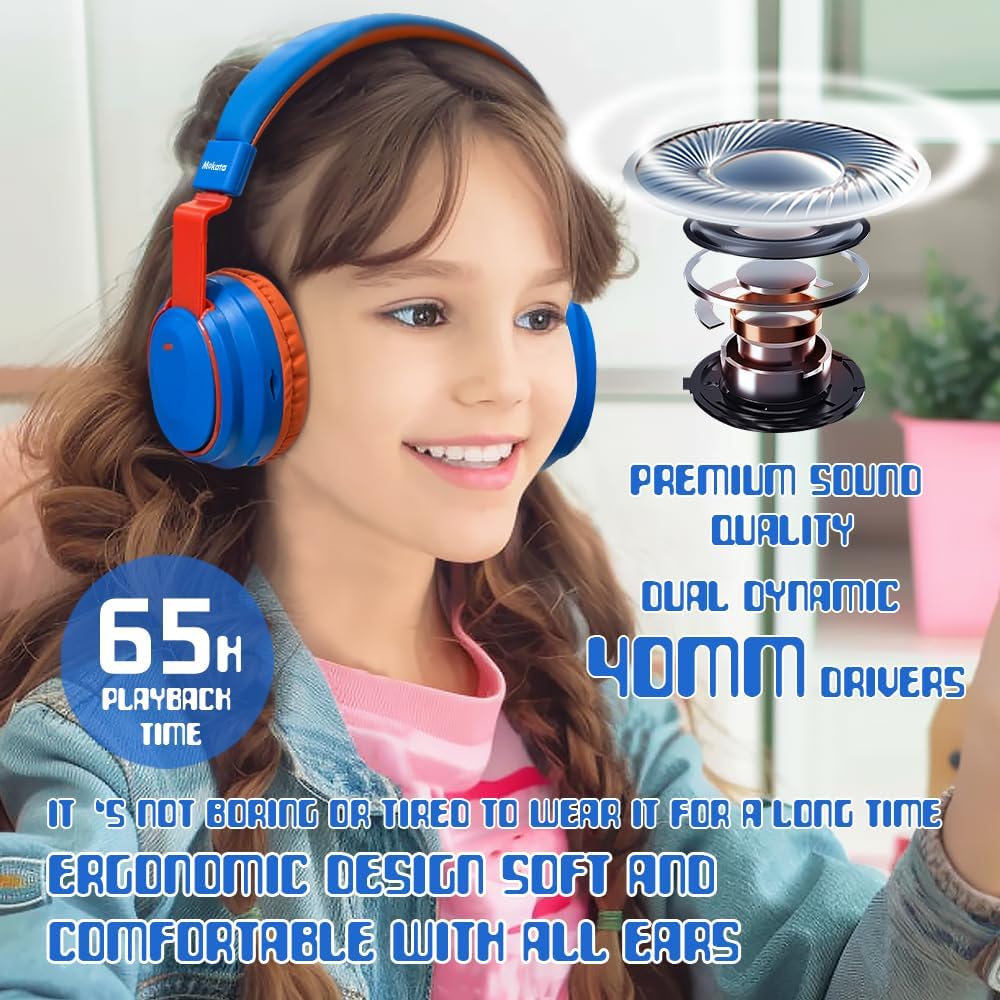 Mokata Kids Headphones Bluetooth 5.3 Wireless Lightweight Fast Charging 68 Hours Play Time Volume Limited 85/94dB Over Ear Foldable with Built-in Mic for Toddler Boy Girl Tablet Pad Blue