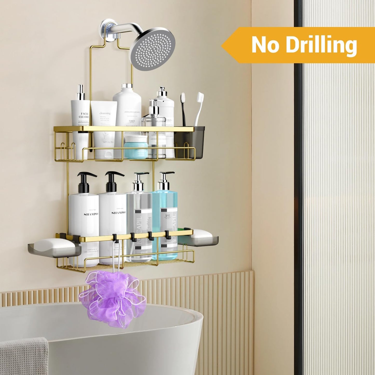AKTECKE Shower Caddy Hanging Bathroom Organizer: Rustproof Shelf for Inside Shower - No Drilling Racks Over Showerhead - Bath Shelves for Shampoo Soap Gold