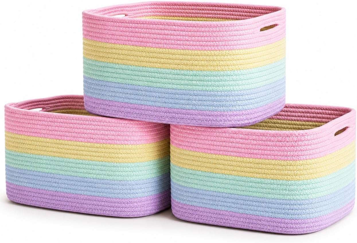 OrganiHaus Rainbow Baskets for Shelves, Set of 3, 15x9x10 | Colorful, handwoven cotton rope; a toy bin for playroom, classroom, or girls' room decor; great for nursery too