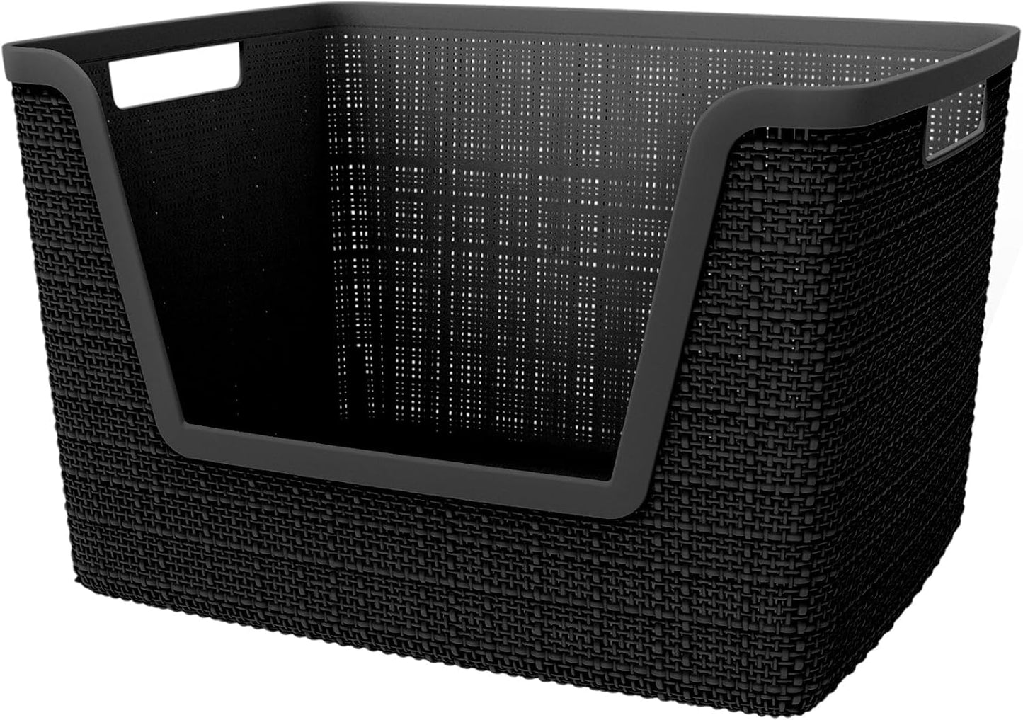 Curver Set of 4 Large 18L Easy Access Jute Decorative Plastic Organization and Storage Baskets - Perfect Bins for Home Office, Closet Shelves, Kitchen Pantry and All Bedroom Essentials, Black