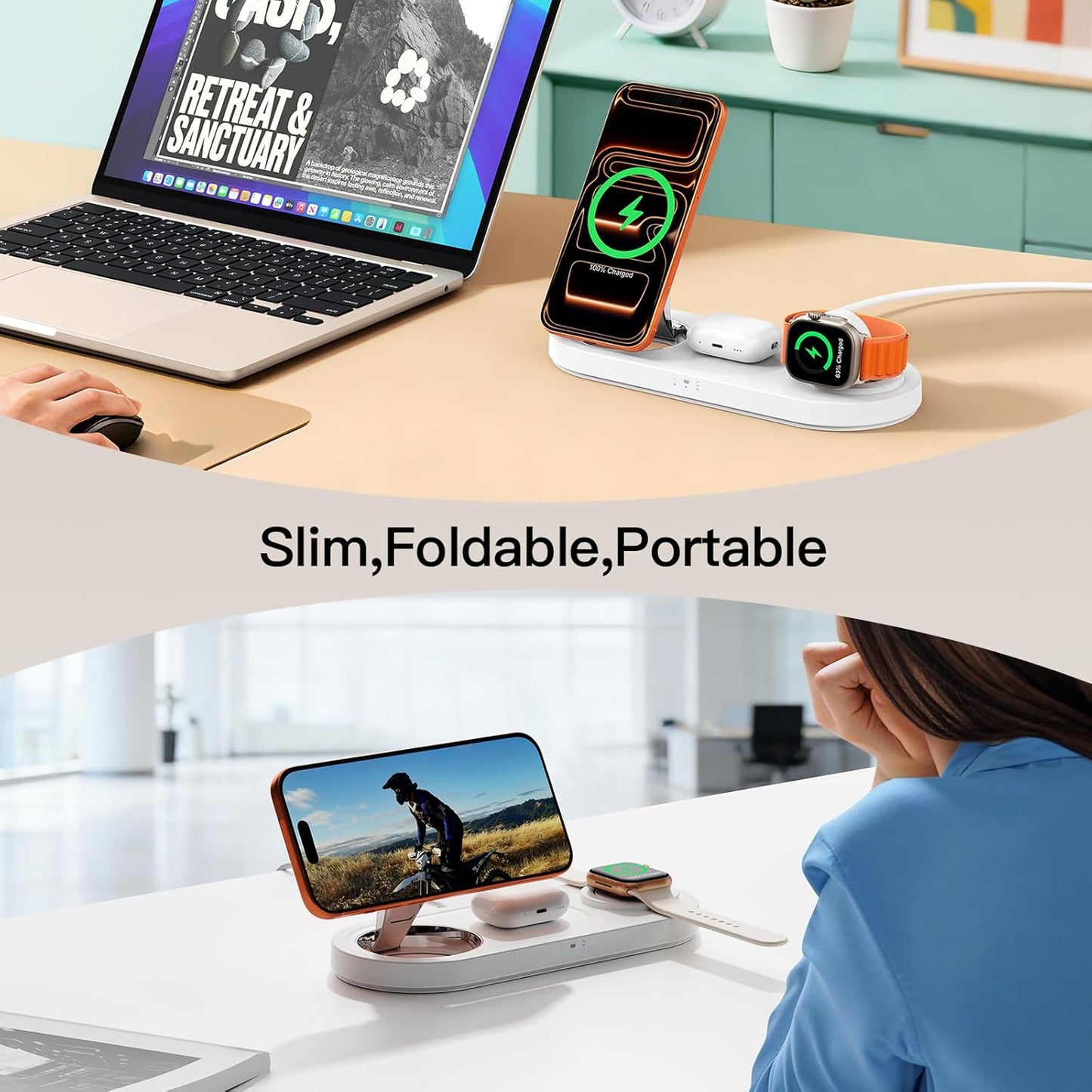 15W • Metals • Travel Ready,Magnetic 3 in 1 Wireless Charging Station,for iPhone17-12,Fast 5W Charger for Apple Watch AirPods,Foldable Stand MagSafe Charger Dock for Nightstand Desk Travel