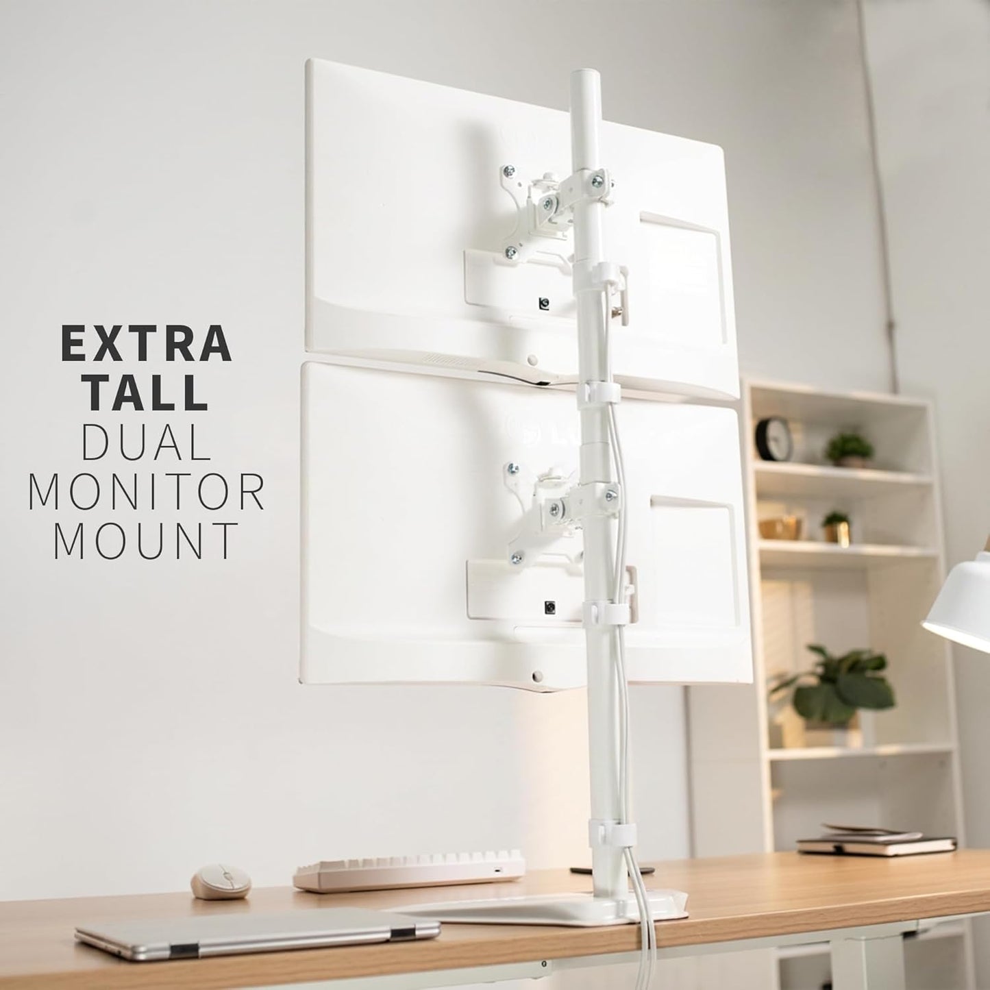 VIVO Dual Monitor Desk Stand Free-Standing LCD Mount, Holds in Stacked Vertical Position 2 Ultrawide Screens up to 34 inches, White, STAND-V002LW
