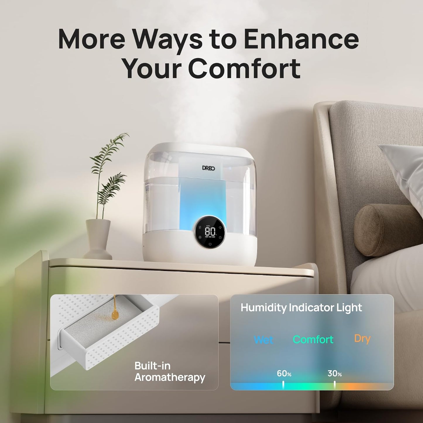 DREO Humidifiers for Bedroom, 6L Easy to Fill & Clean, 60H Runtime for Large room, 28 dB Quiet Cool Mist Air Humidifier for Plant, Baby Nursery, Home, Indoor, Night Light, Precise Humidity Control