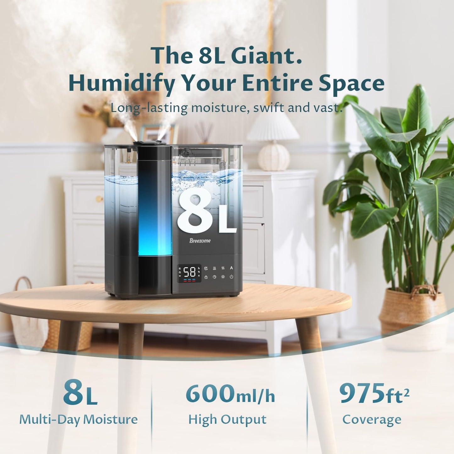 BREEZOME 8L Humidifiers for Bedroom, Warm & Cool Mist for Large Room Home, Top Fill Ultrasonic Humidifier, Humidity Sensor, Essential Oil, 60H Runtime, Quiet for Baby, Plants, Fast Relief