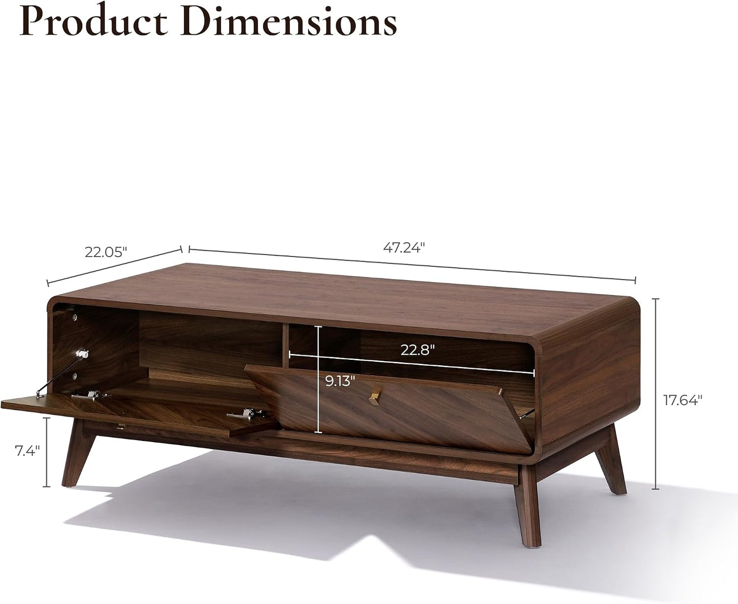 LuxenHome 47" Live Edge Mid Century Modern Walnut Coffee Table with Storage | Wooden Center Table with Storage, Geometric Wood Grain Fronts, Spacious Concealed Storage, and Tapered Legs