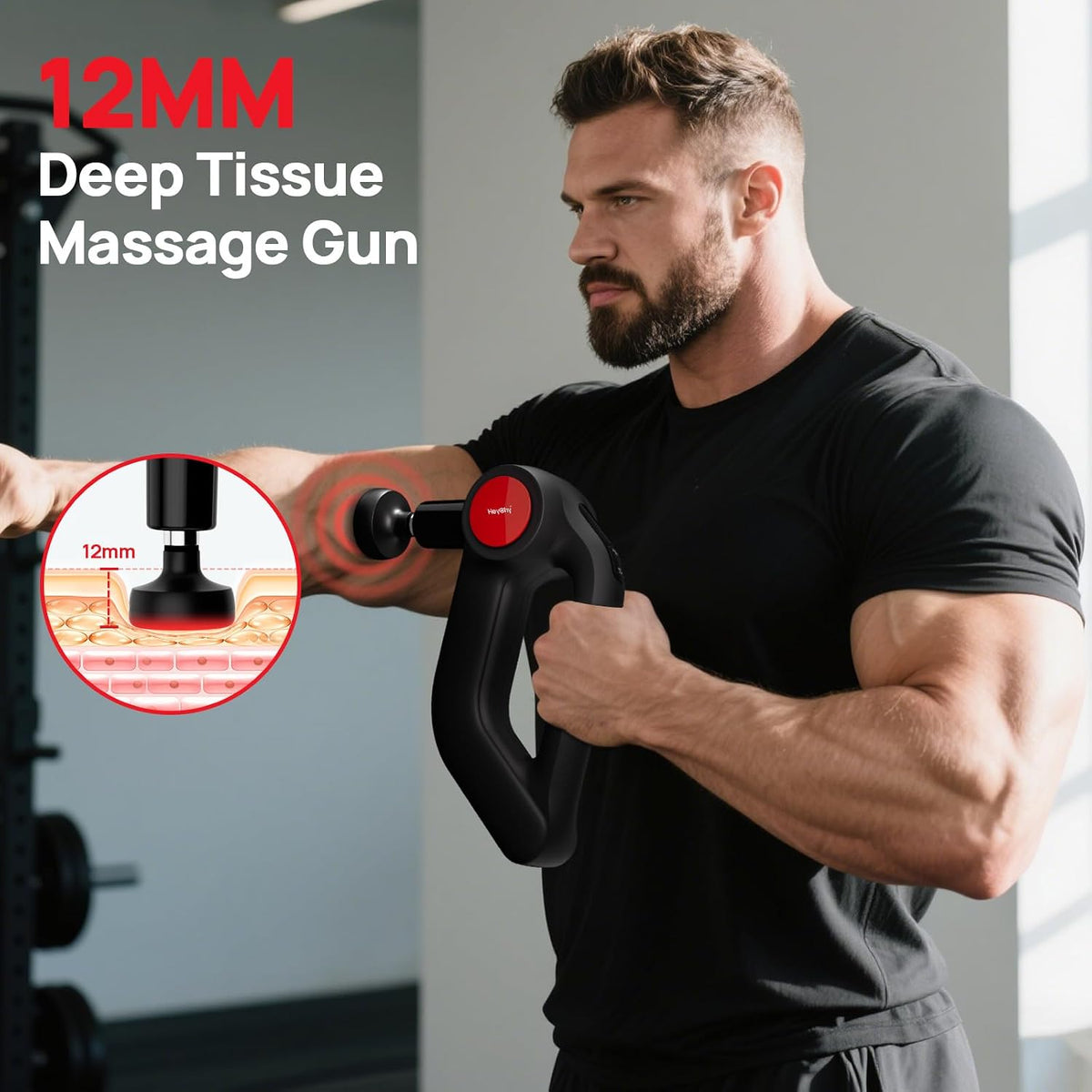 HEYCHY Deep Tissue Massage Gun with Heat, 12mm, 8 Heads, Black