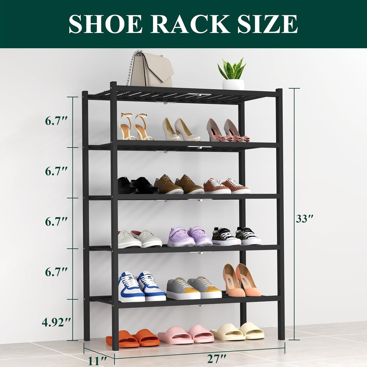 Smiry Bamboo Shoe Rack, 14 Vertical Slats, 5 Tier - 26.8" Wide, Black