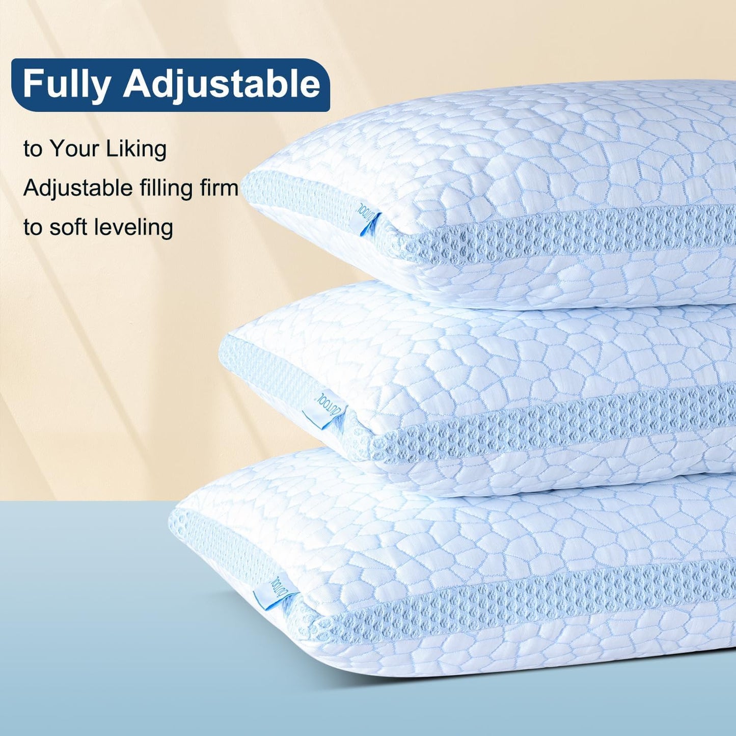 QUTOOL Enhanced Cooling Pillows for Sleeping, CertiPUR-US Shredded Memory Foam Pillows Queen Size Set of 2 for Hot Sleeper, Adjustable Bed Pillow for Side, Back, Stomach Sleepers Support Yet Soft Blue