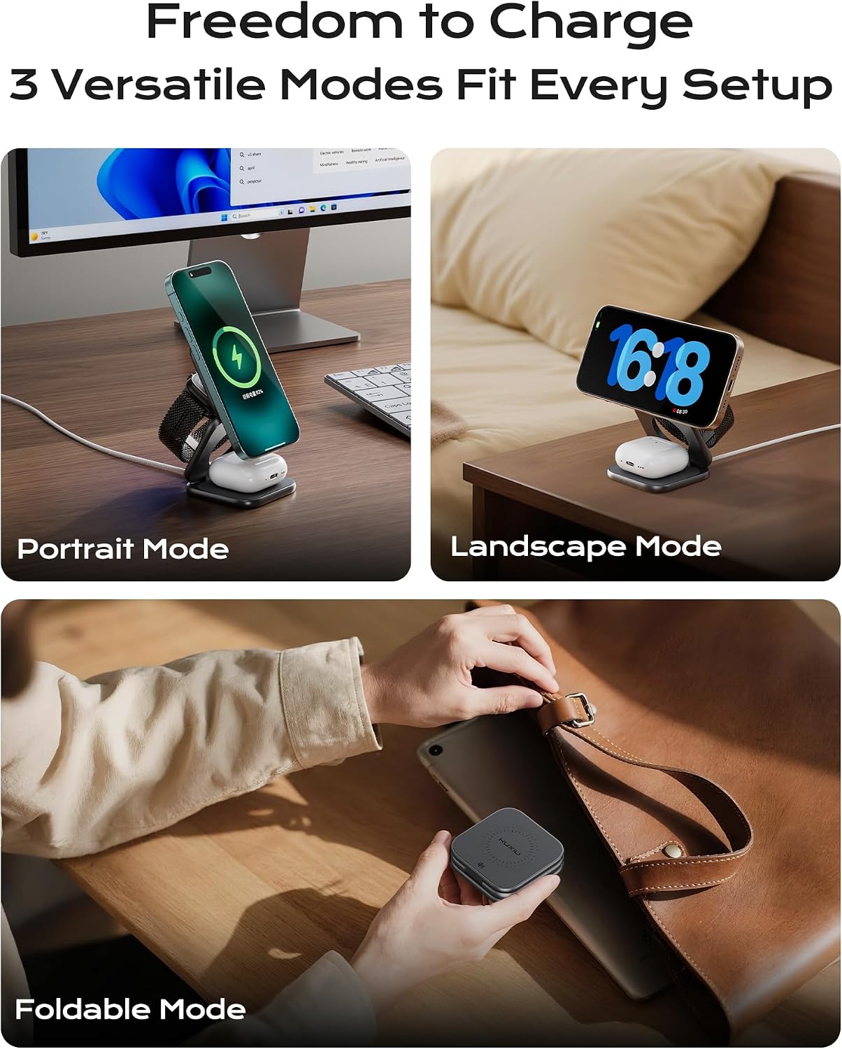 KU XIU Qi2.2 25W Magnetic Wireless Charger, Foldable 3 in 1 Travel Charging Station for iPhone 17/16/15/14/13/12, 5W for Apple Watch & AirPods, Aluminum Alloy Design, 45W GaN Adapter Included, Gray