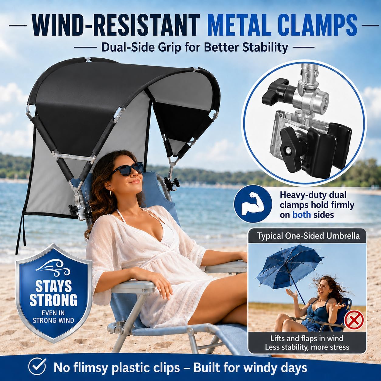 Universal Wind-Resistant Chair Umbrella Canopy, Foldable Portable UPF 50+ Sun Shade Attachment with Adjustable Clamp, Fits Most Beach, Camping, Lawn, Sports, Tanning, Zero Gravity Chairs, Patented