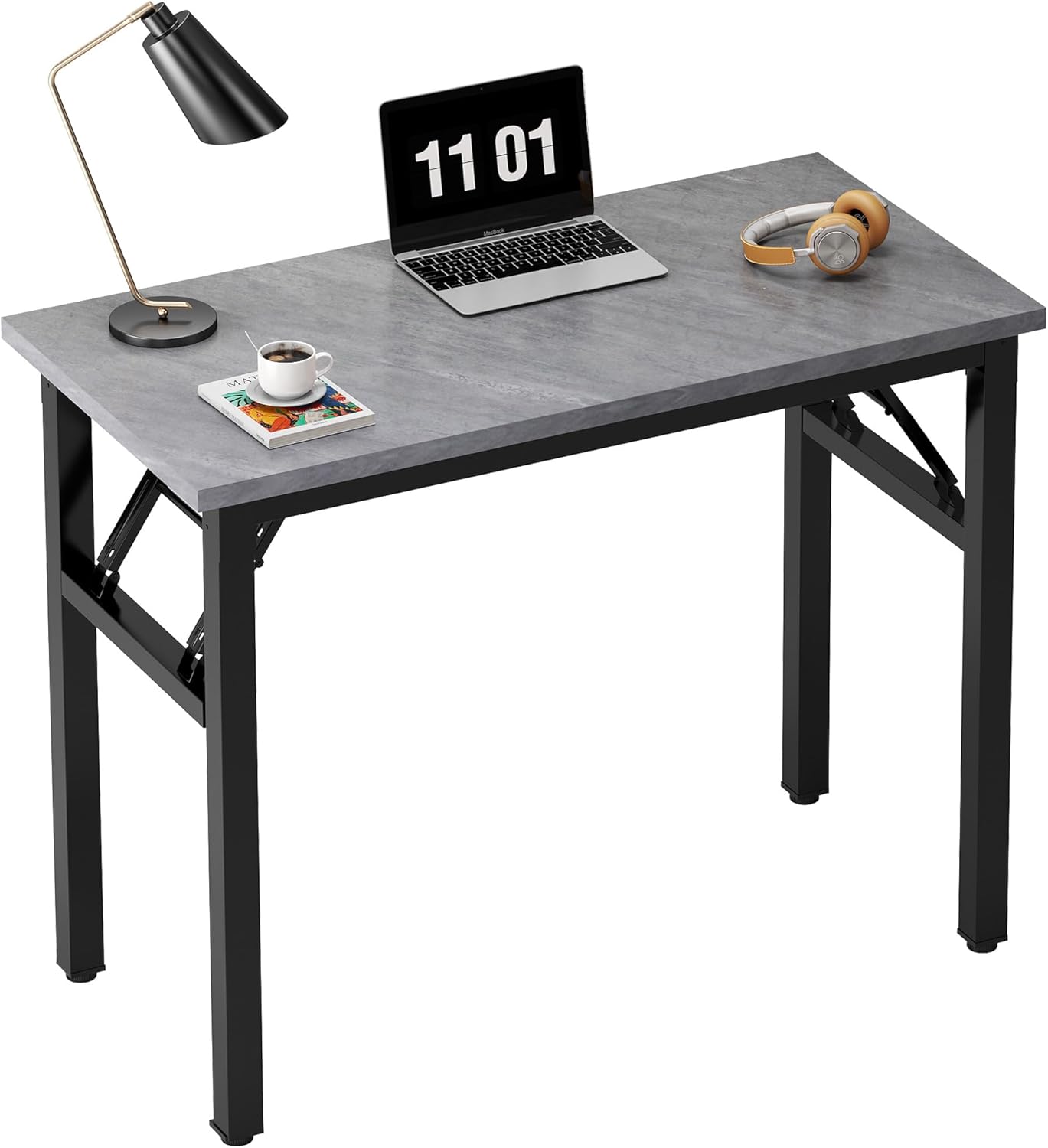 Need 31.5 Inch Folding Desk for Small Spaces, Home Office Computer Desk with Grey Wood Top & Black Frame, Foldable Writing Table for Study, Bedroom, Dorm Room & Student