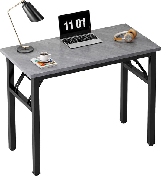 Need 31.5 Inch Folding Desk for Small Spaces, Home Office Computer Desk with Grey Wood Top & Black Frame, Foldable Writing Table for Study, Bedroom, Dorm Room & Student