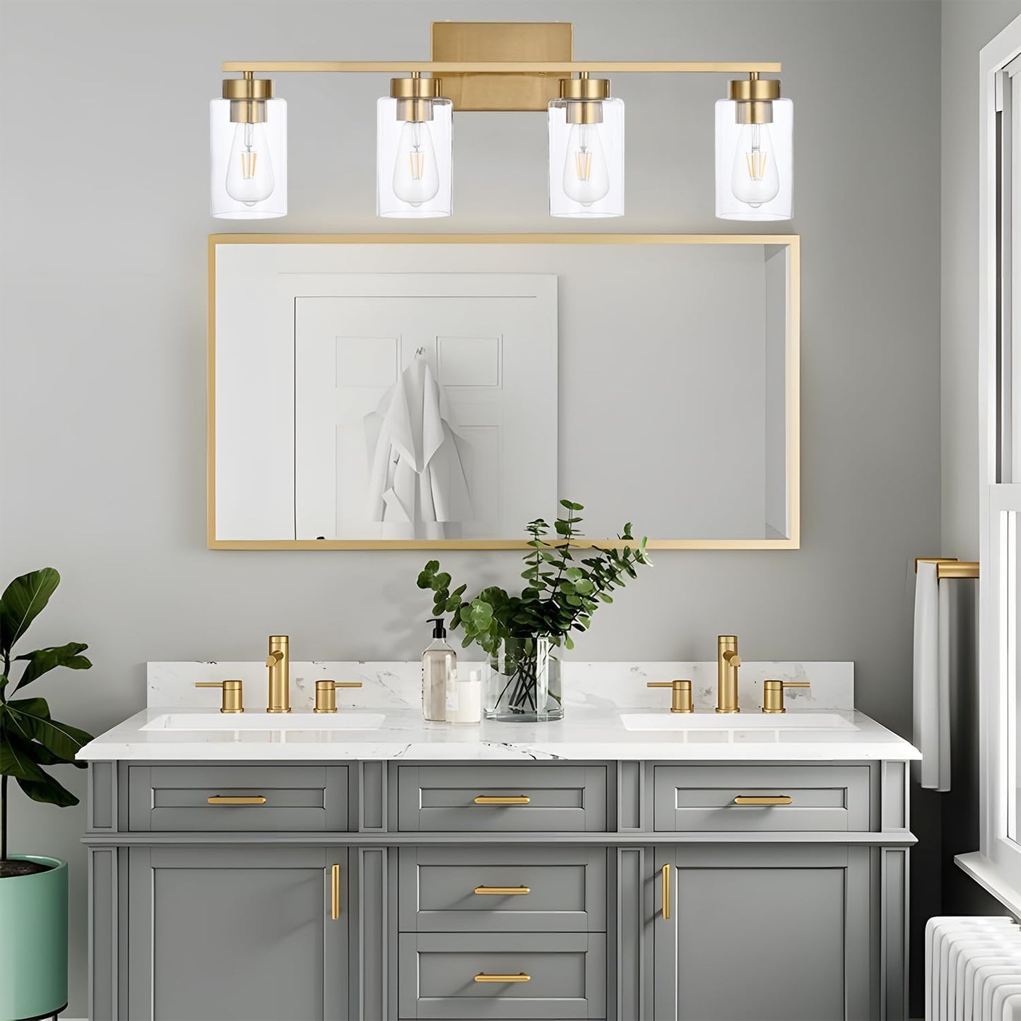 4 Light Bathroom Vanity Light Fixtures, Brushed Brass Modern Wall Lights with Clear Glass Shade, Vintage Wall Sconce Lighting for Living Room, Mirror, Bedroom, Hallway (Gold, 4-Lights)