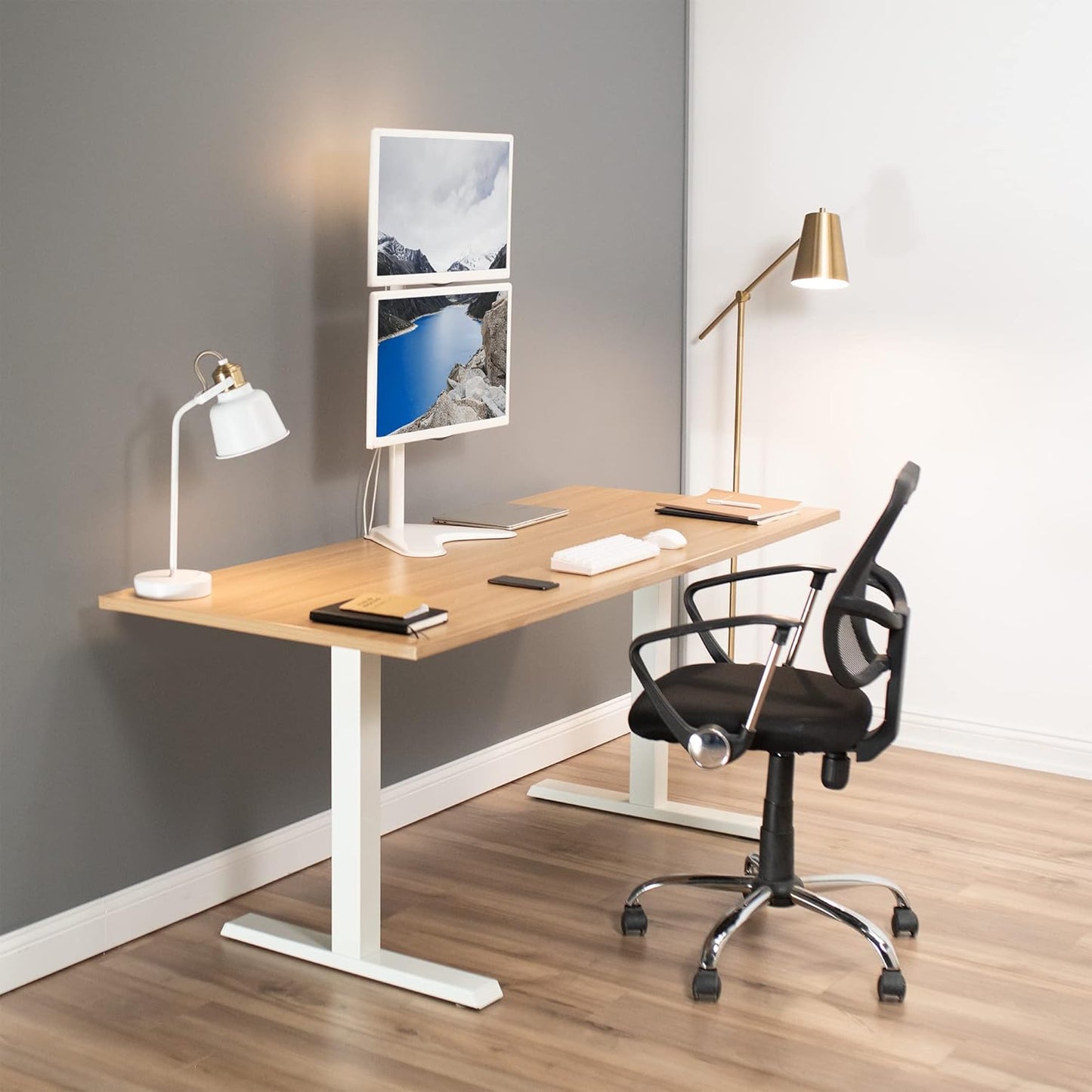 VIVO Dual Monitor Desk Stand Free-Standing LCD Mount, Holds in Stacked Vertical Position 2 Ultrawide Screens up to 34 inches, White, STAND-V002LW