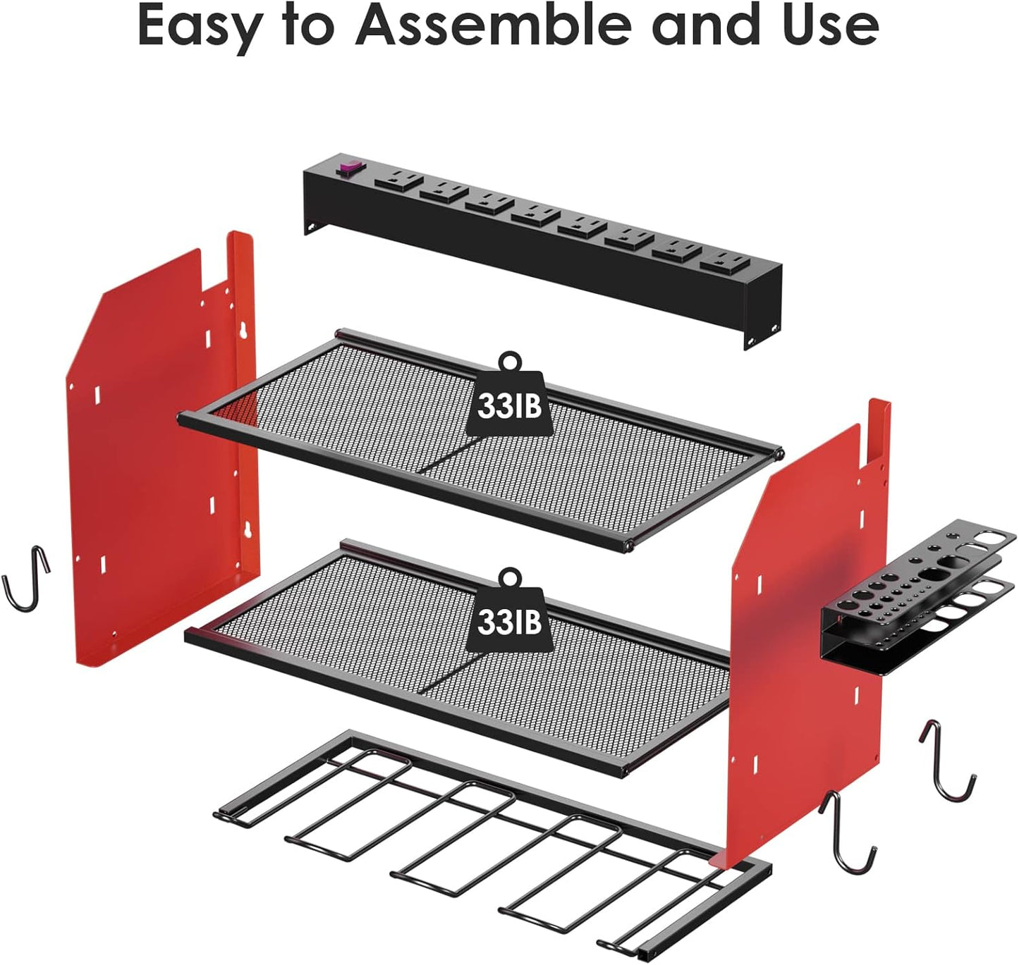 CCCEI Modular Power Tool Organizer Wall Mount with Charging Station. Garage Drill Storage Shelf with Hooks, Heavy Duty Rack, Tool Battery Holder Built in 8 Outlet. Gift for Men. Red, 1 Pack.