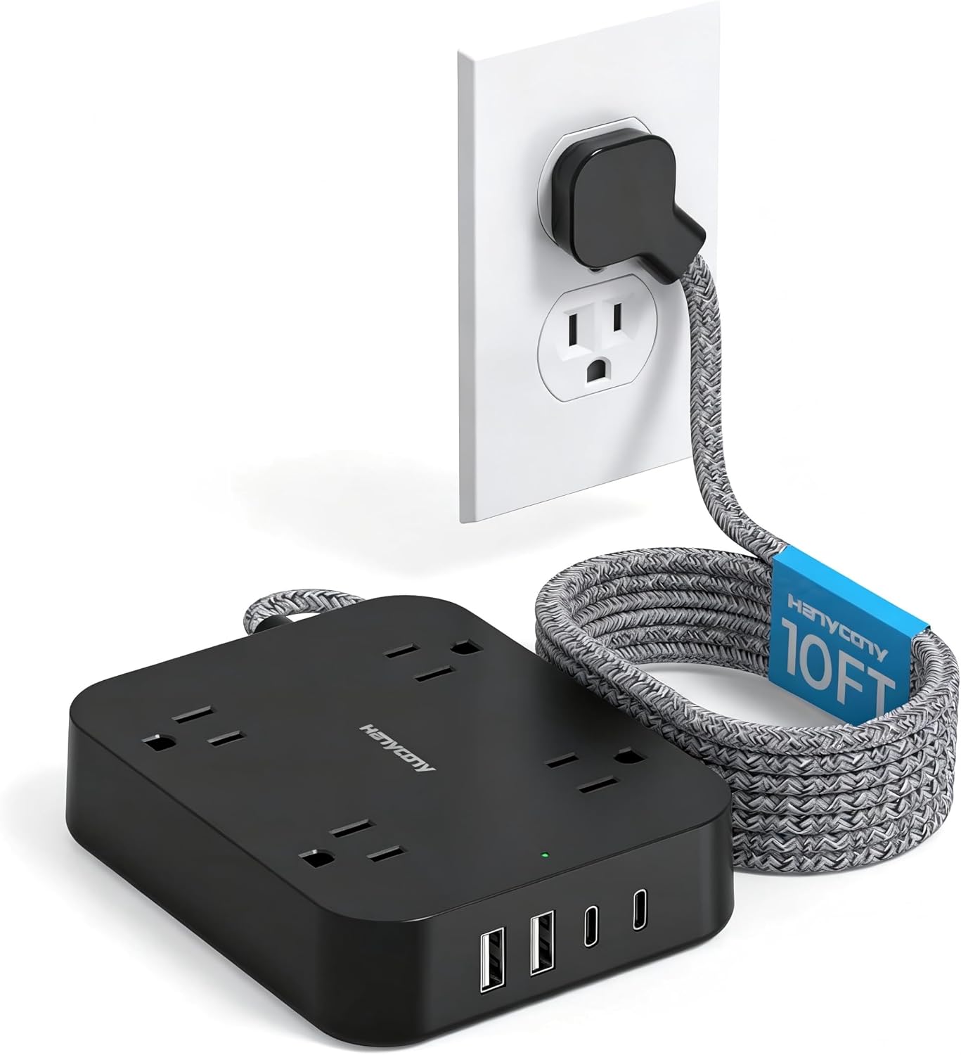 Flat Plug Extension Cord, HANYCONY 5ft Power Strip with 4 USB Ports(2 USB C), 4 Widely Outlets Extender, Wall Mount, Desk Charging Station for Office School Travel Dorm Room Essentials, ETL Listed