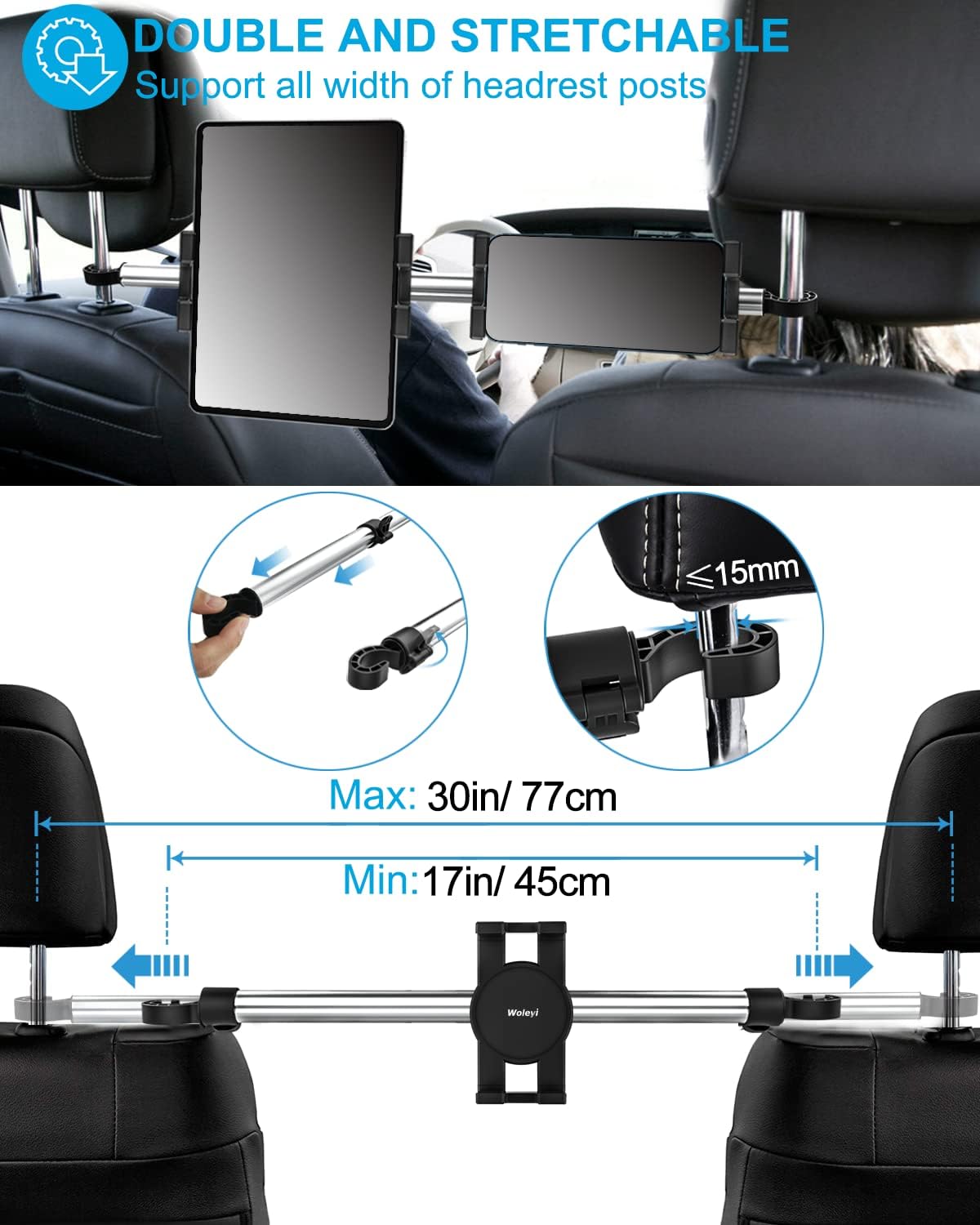 Car Headrest Tablet Holder Mount - [Anti Shake & Stretchable] Tablet Holder Back Seat for Car Between Kids Stand, for iPad Pro Air Mini, Galaxy Tab, Kindle Fire, Switch, iPhone, 4.7-13" Devices