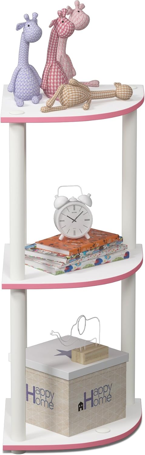 Furinno TURN-N-TUBE Corner Shelf, 3-Tier Corner Bookshelf, Display Storage Shelves with Open Shelves, for Organization and Storage, Living Room, Home Office, Garage, Pink