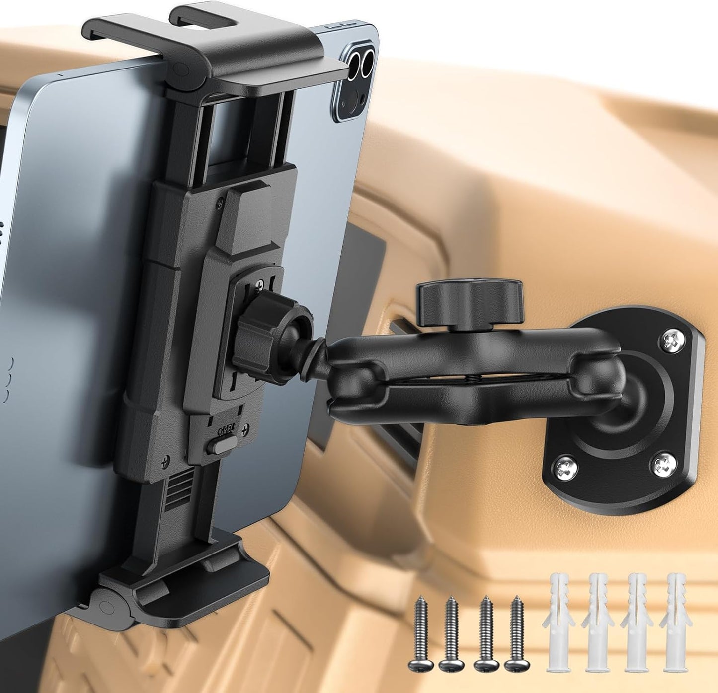 OHLPRO Heavy Duty Drill Base Tablet Mount for Car & Truck Dashboard Holder with 360 Adjustable 3-Stage Arm for 5-13" iPads Tablets & Phones Kindle, Mounting for Commercial Vehicles Boat Wall Desk